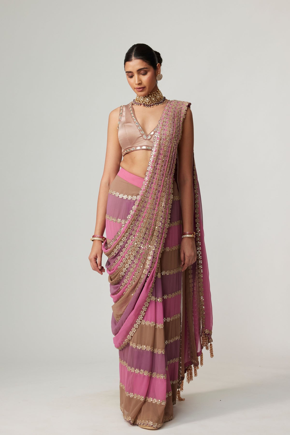 Deep Beige Multicolor Saree Set