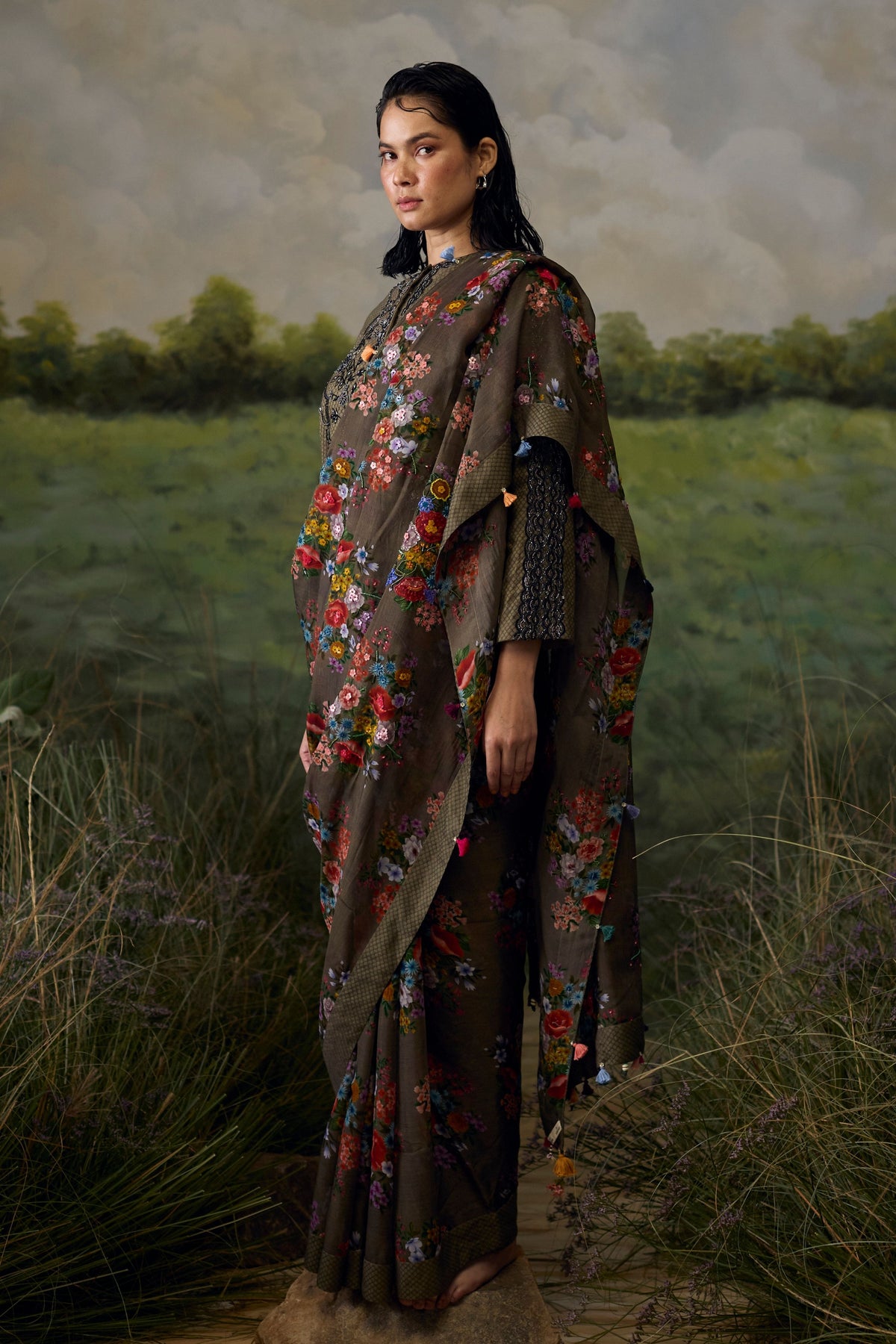 Dusty Grey Floral Saree