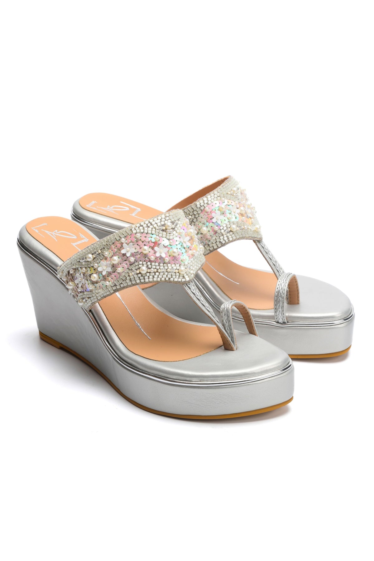 Silver Embroidered Wedges