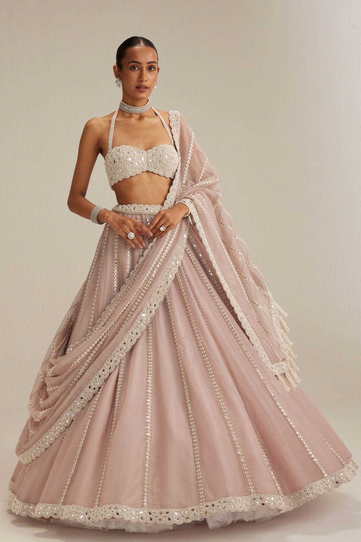 Ash Pink Embroidered Lehenga Set