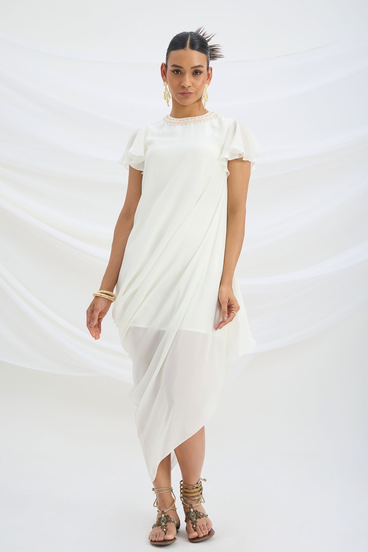 Off White Embroidered Drape Dress