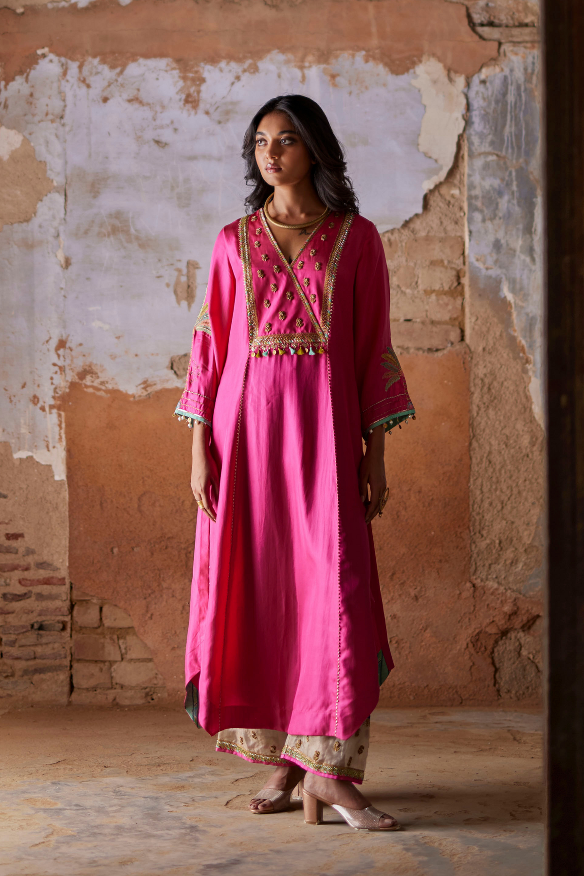 Nadira Hot Pink Silk Yoke Kurta Set