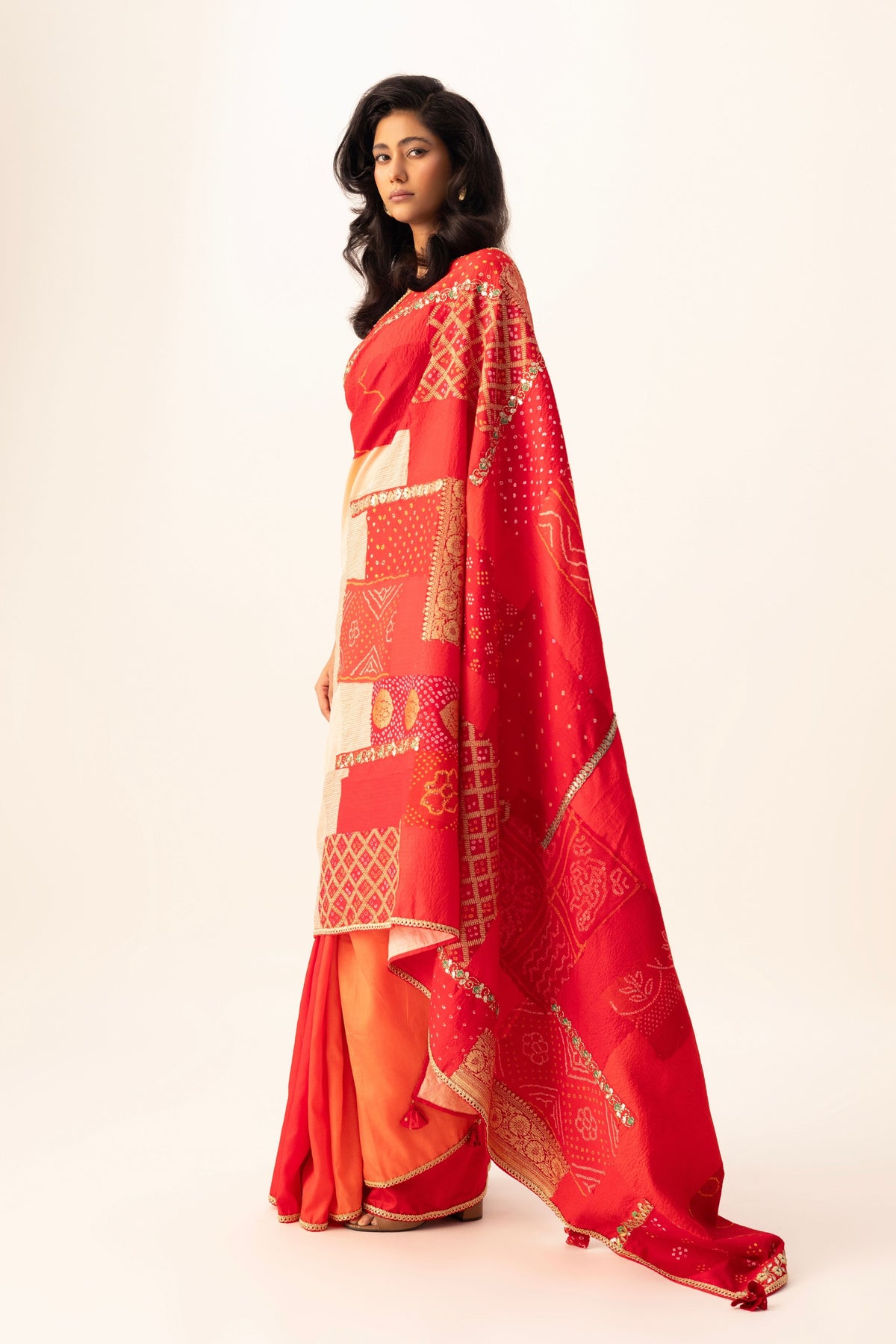 Red Bandhani Patchwork Saree set