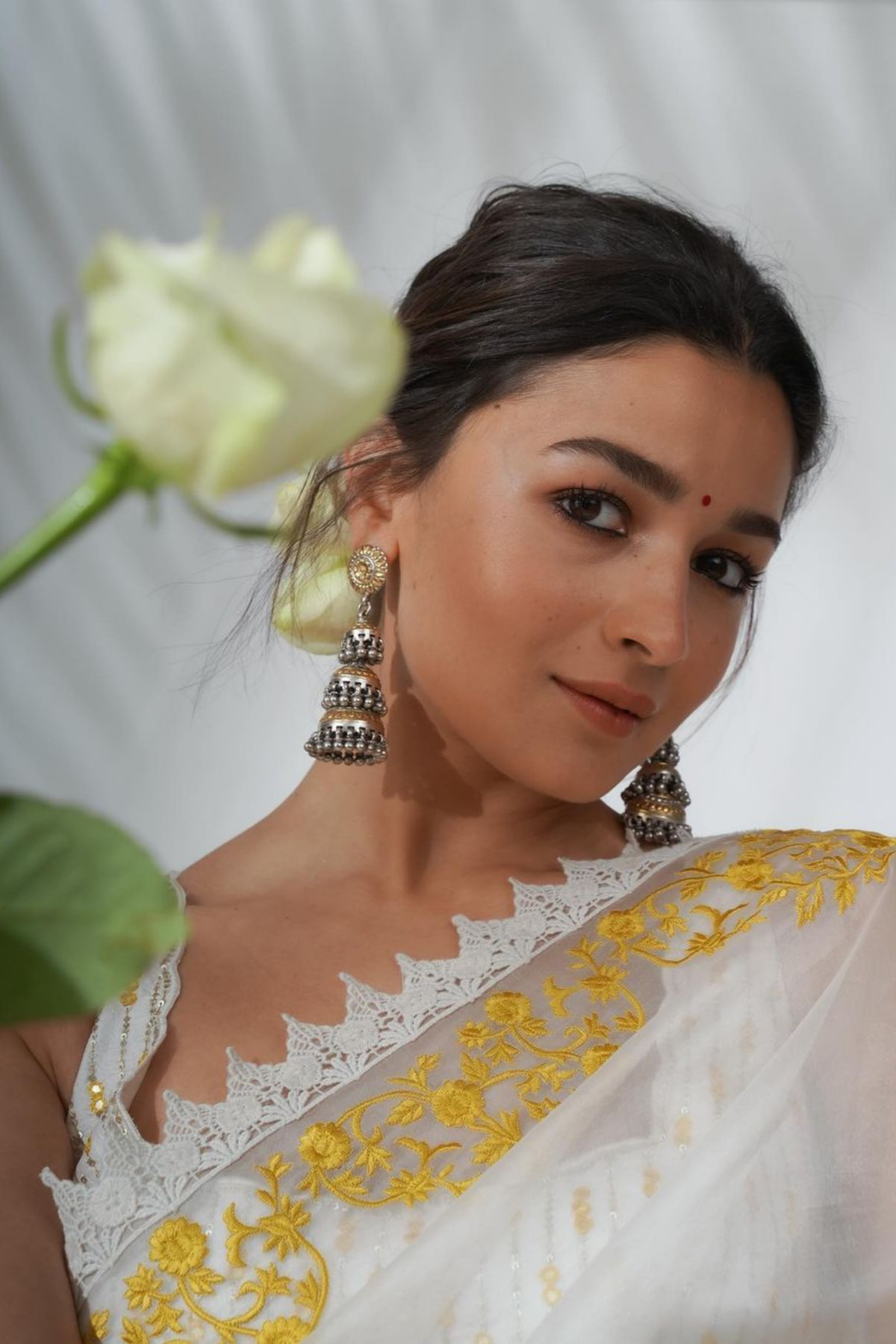 Alia Bhatt in Long Silver Earrings