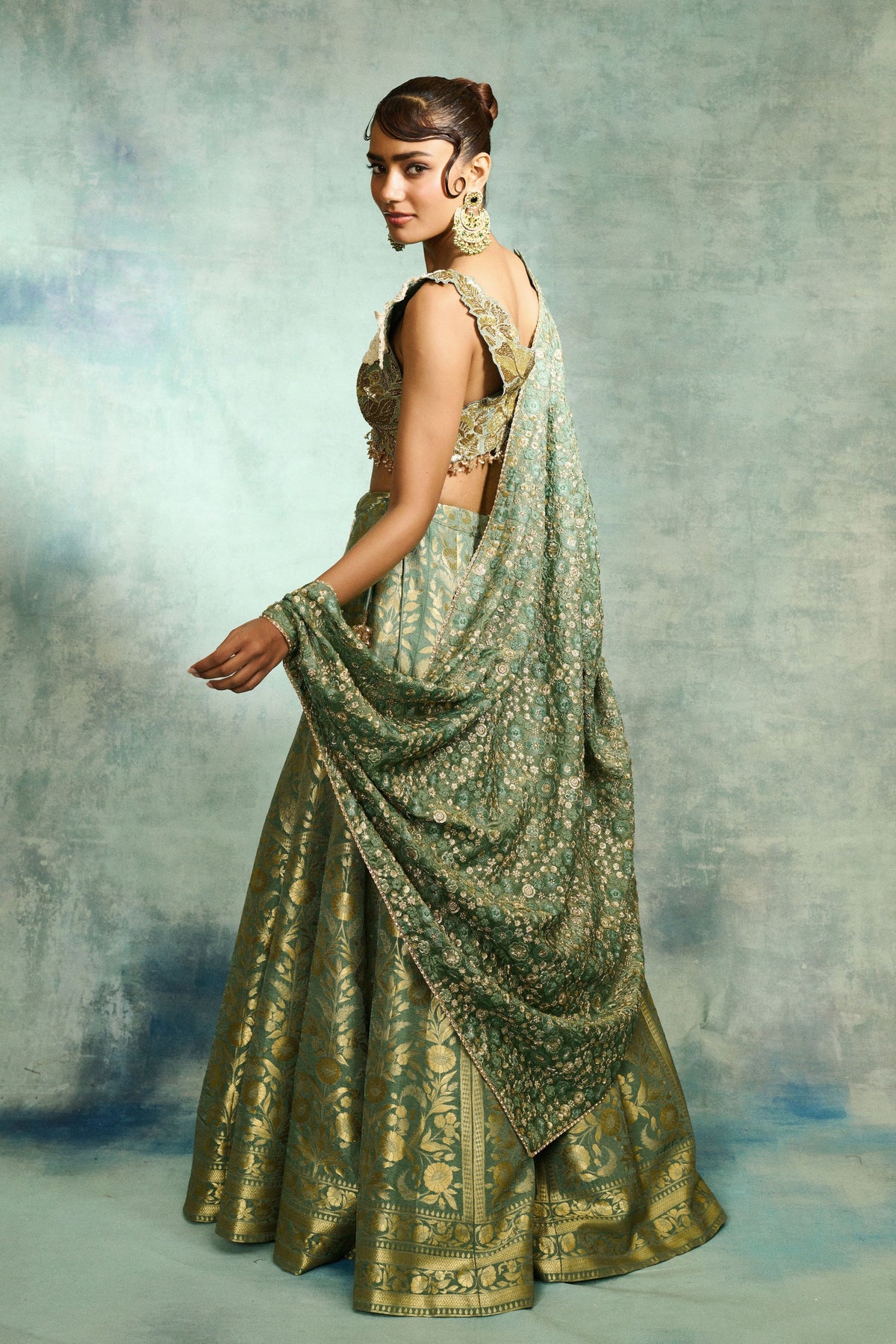 Brocade Pista Green Lehenga Set