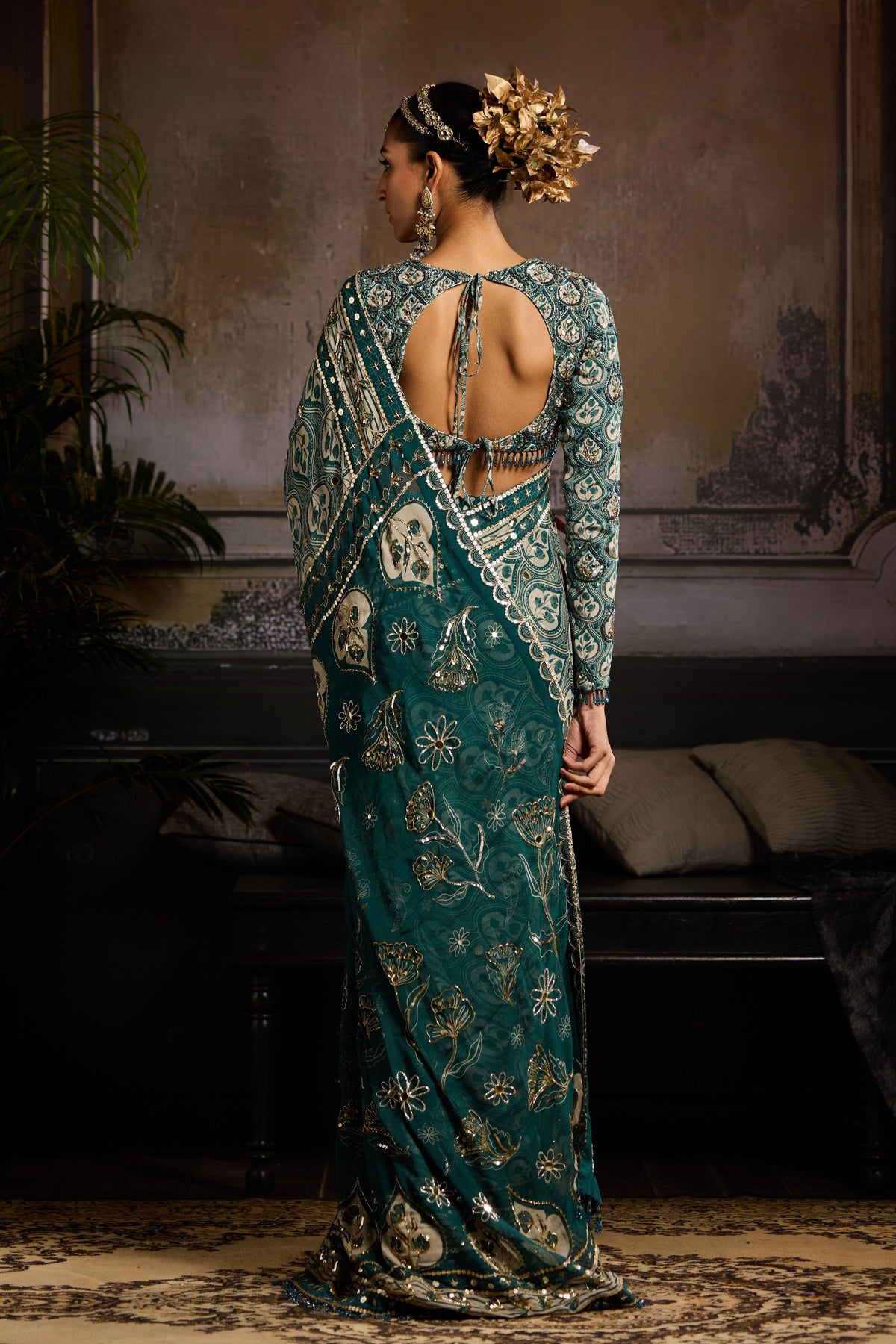 Teal Print Pre-stitched Saree