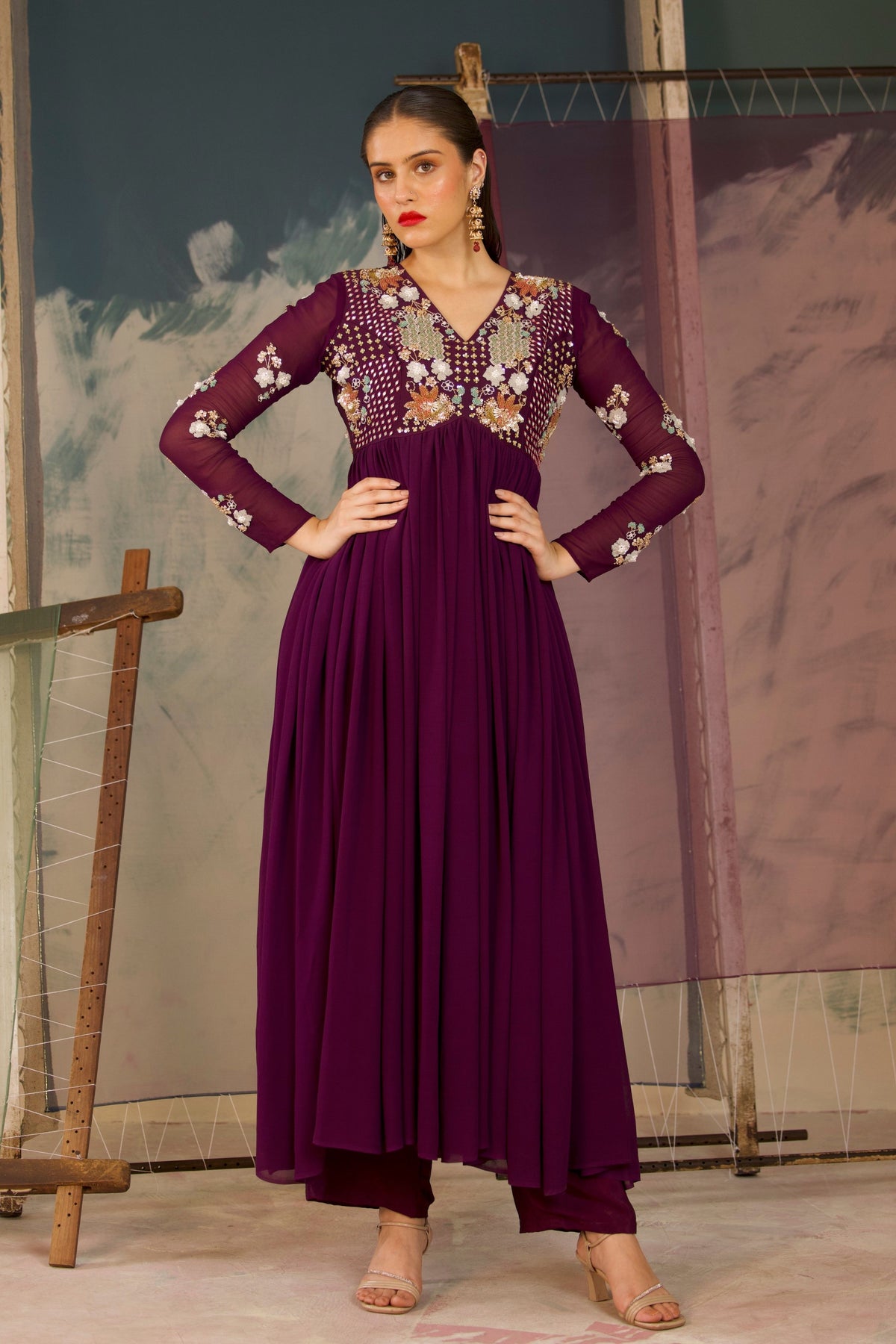 Deep Purple Anarkali Set