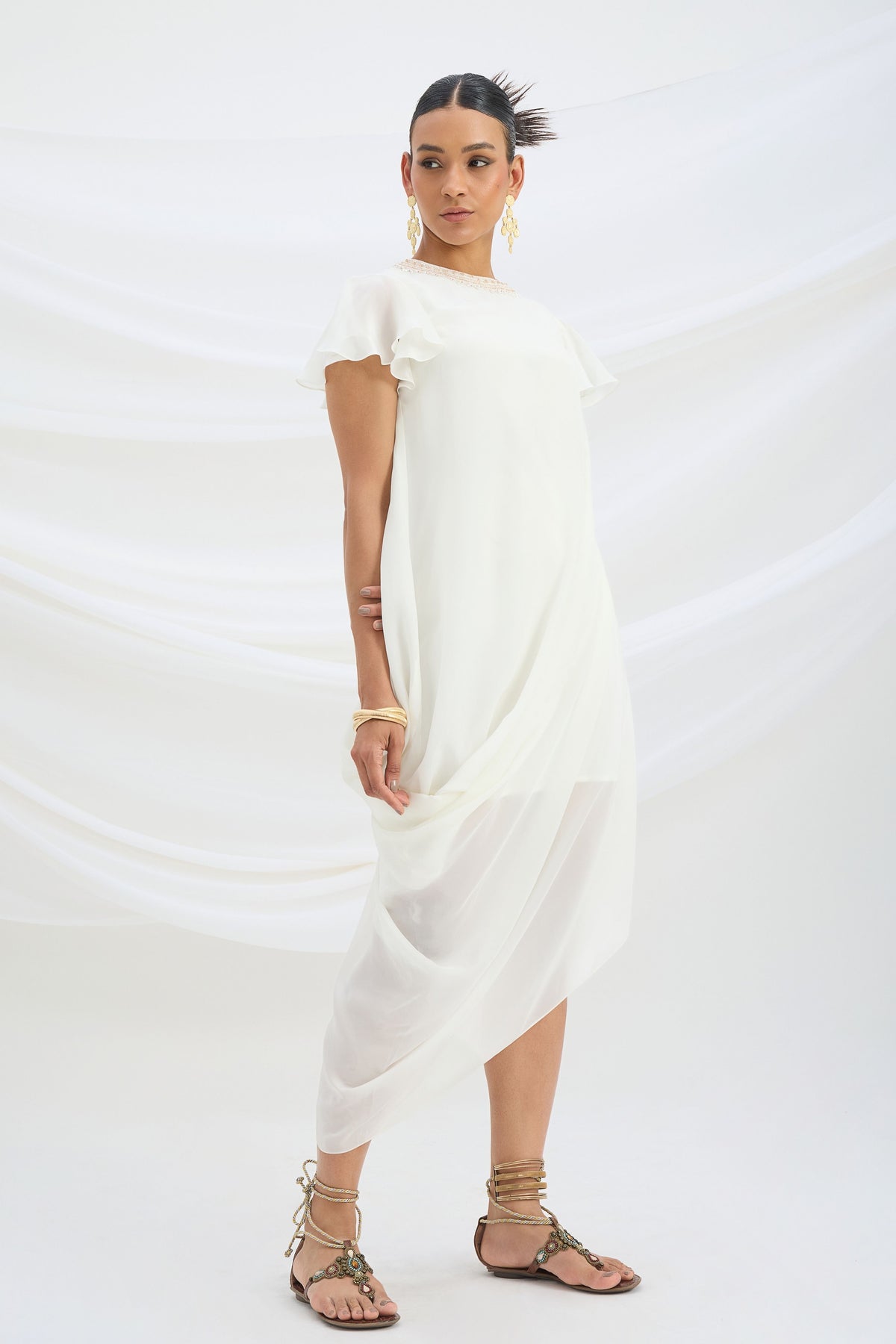 Off White Embroidered Drape Dress