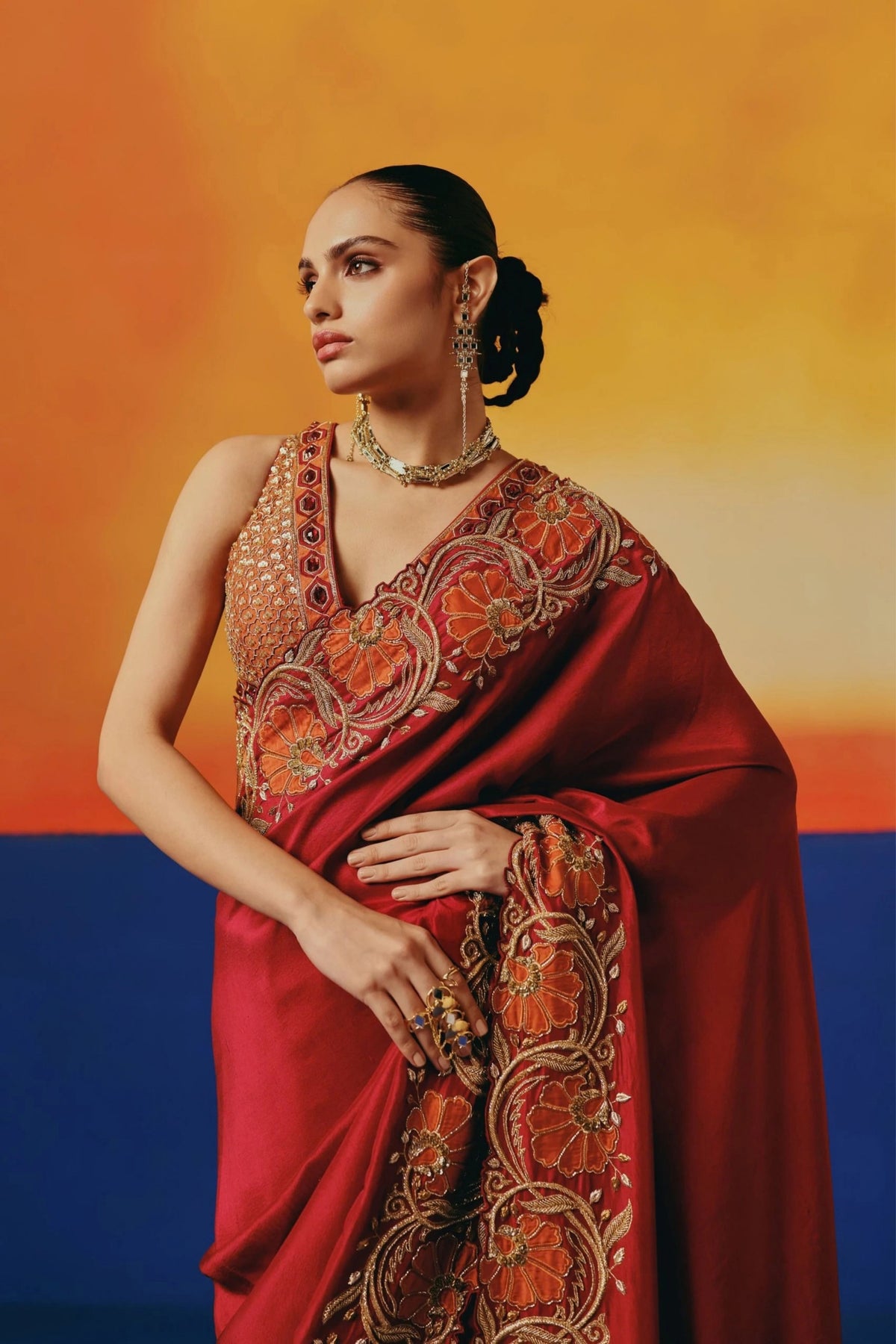 Red Floral Saree Set