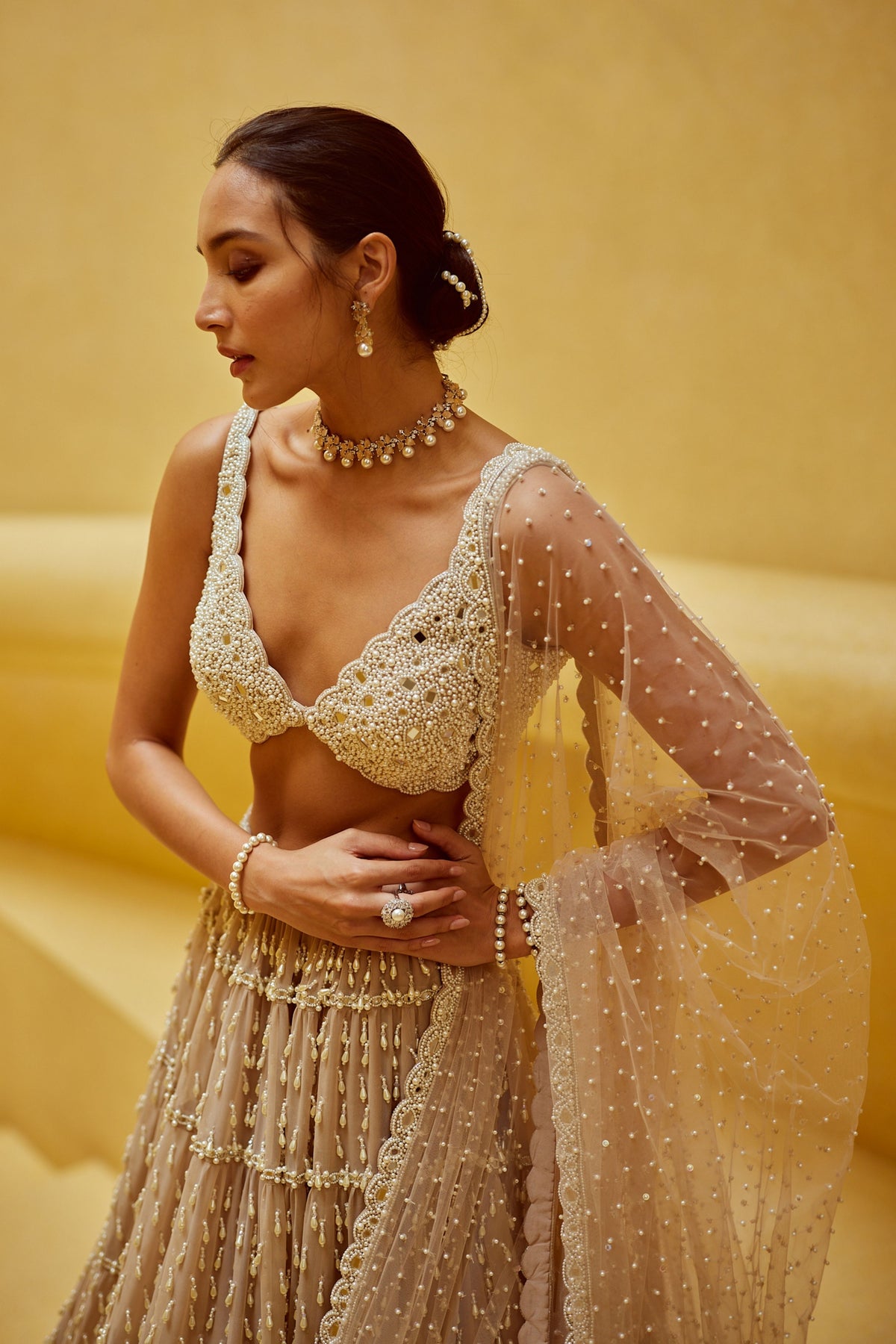 Light Beige Multi Tier Lehenga Set