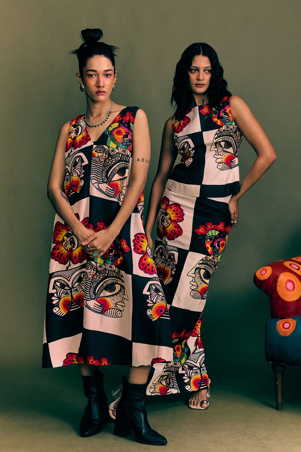 Chessboard Printed  Maxi Skirt