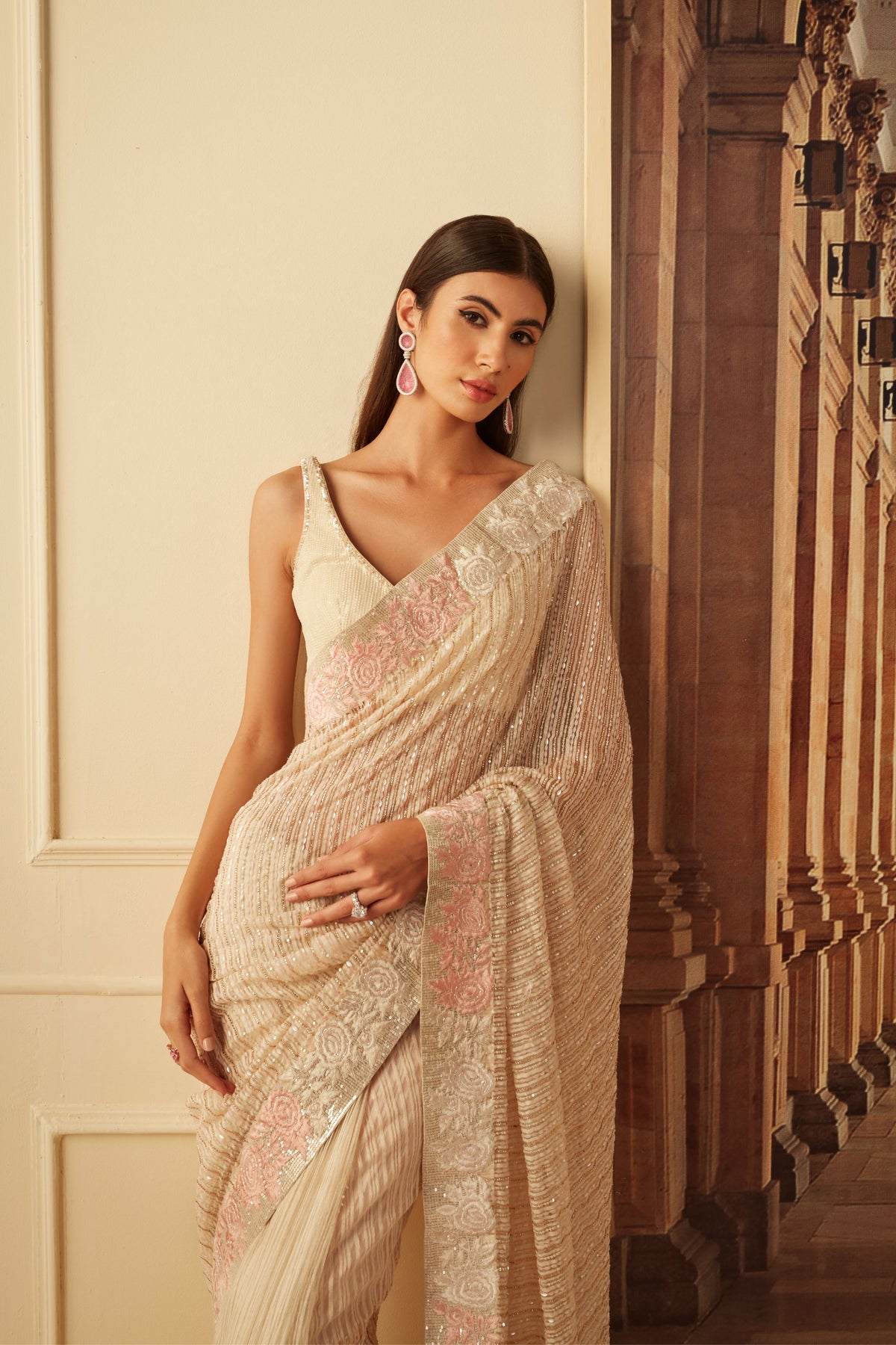 Ivory Ghicha Saree Set