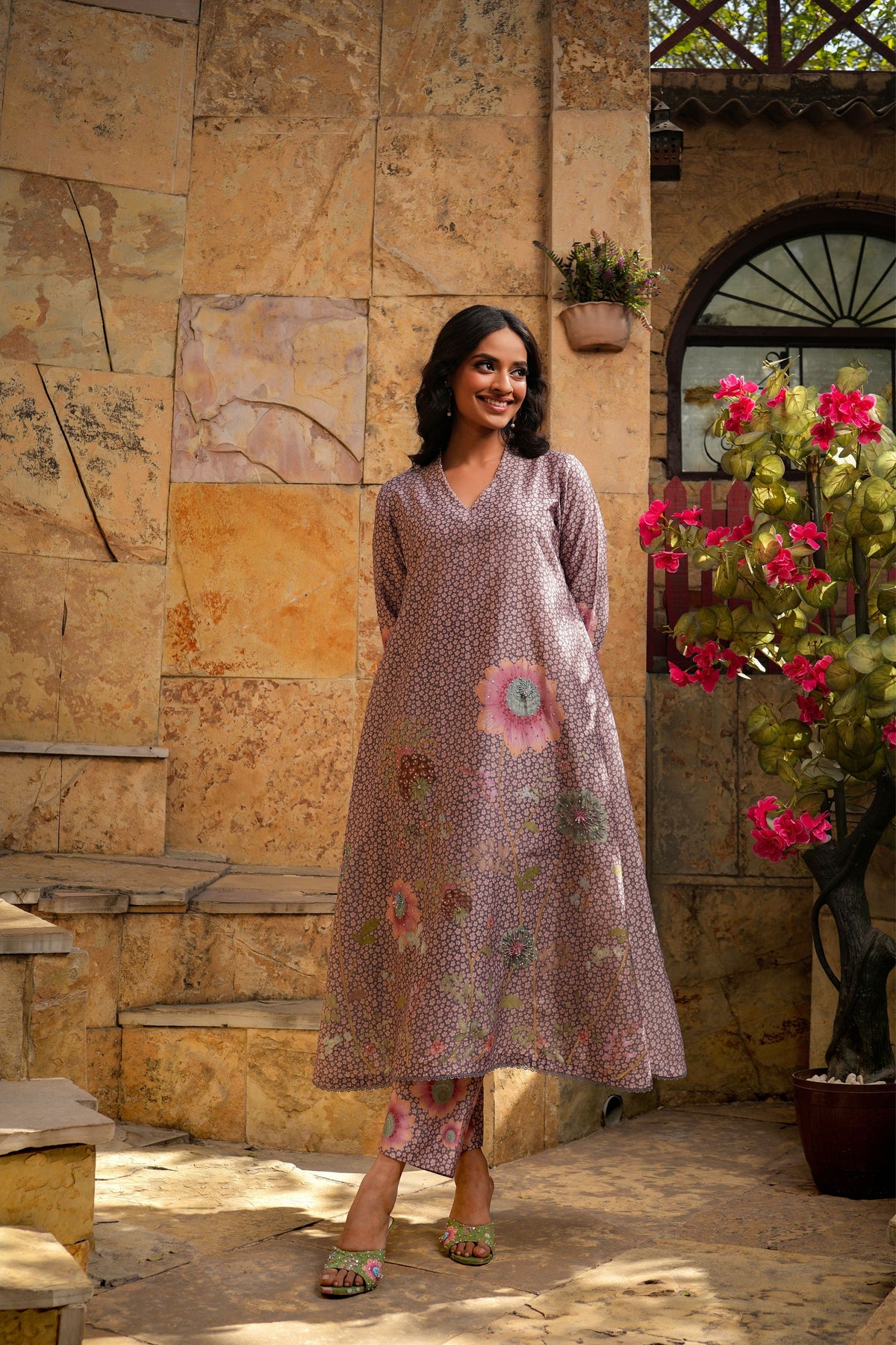 Mughal Phool Kurta Set  in Purple