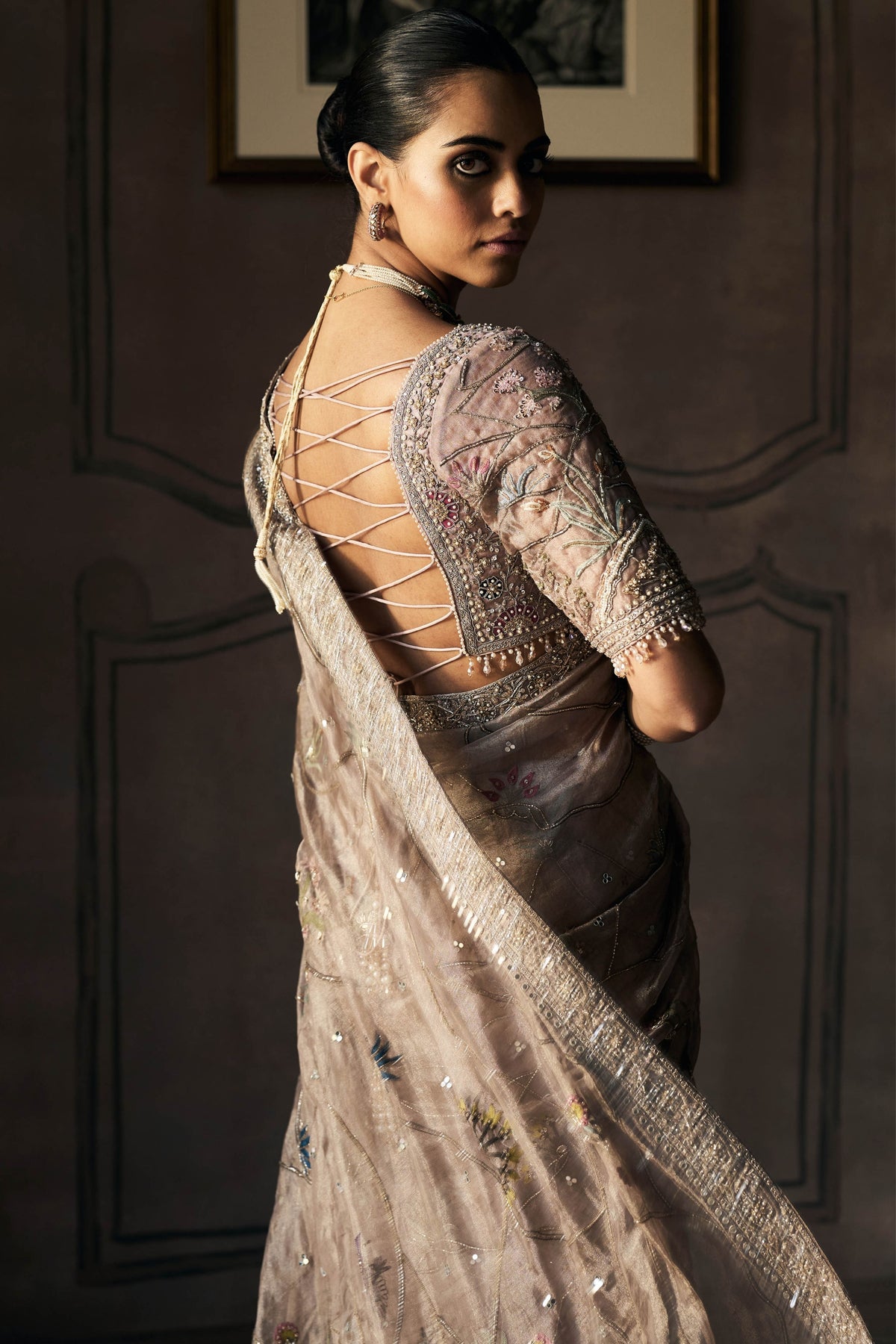 New Shikargah Aged Lavendar Tissue Saree Set
