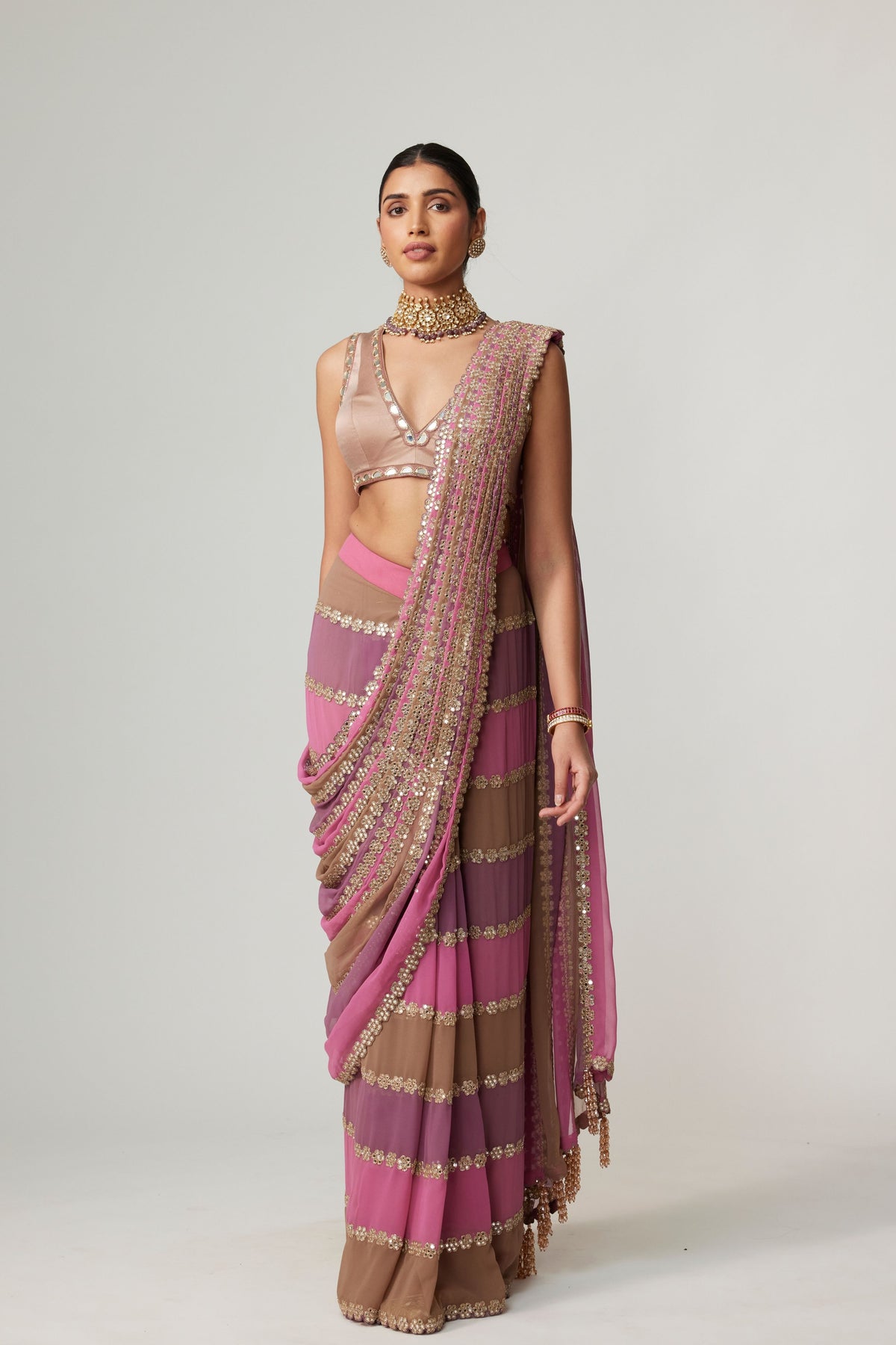 Deep Beige Multicolor Saree Set