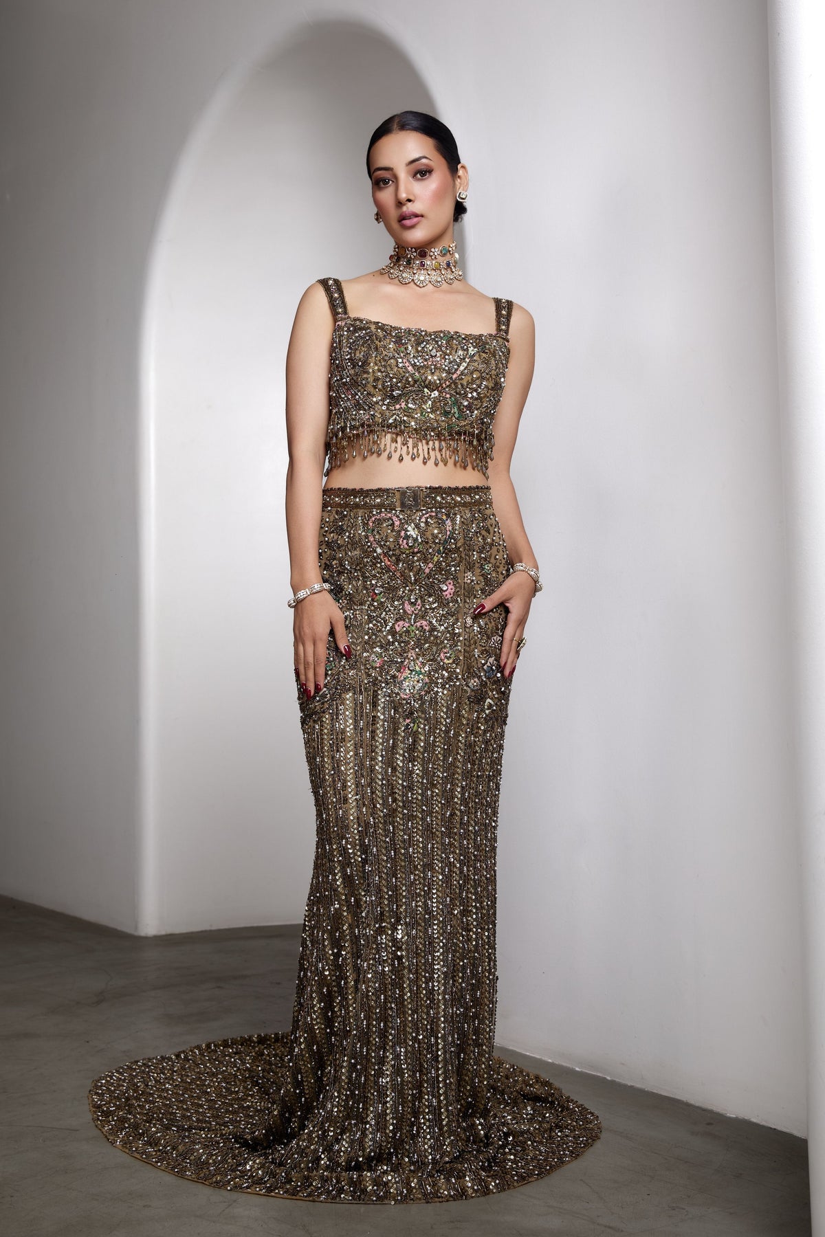 Green Fish Cut Lehenga Set