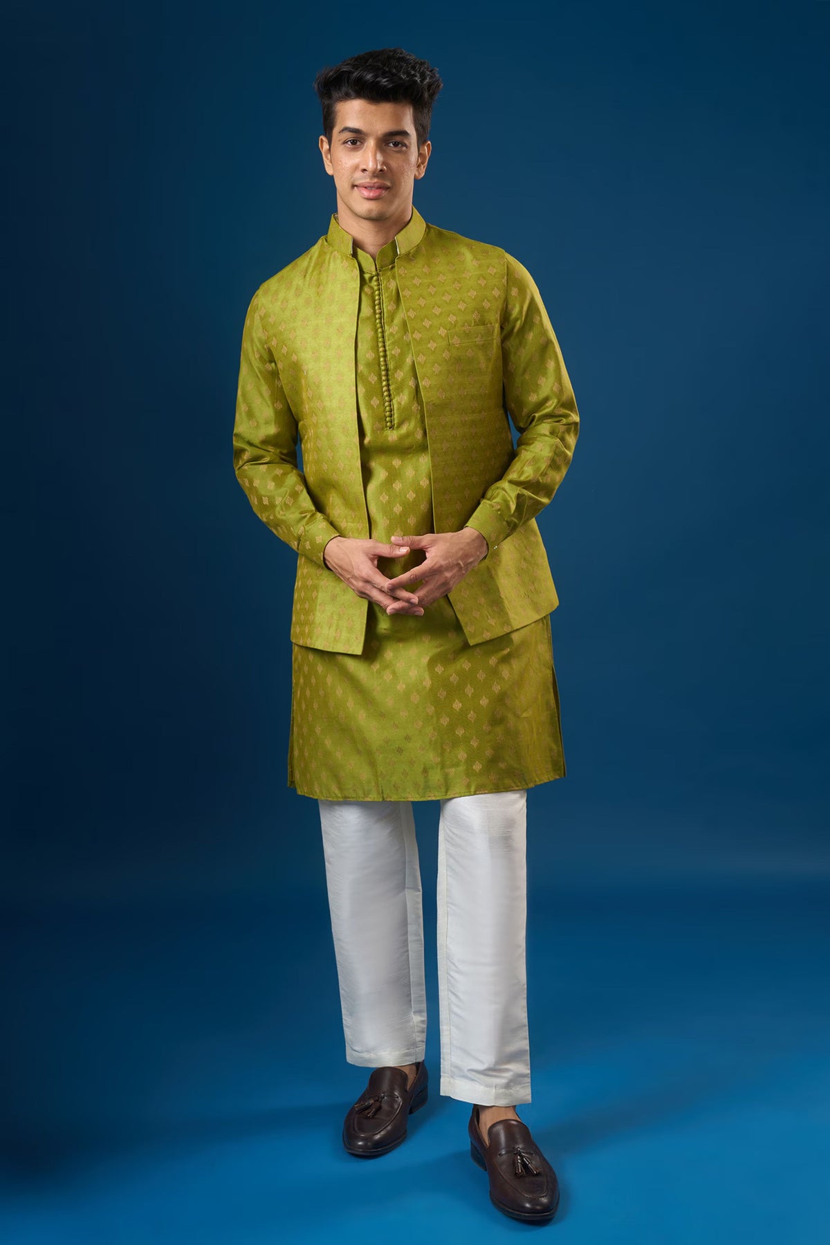 Olive Brocade Kurta-bundi Set