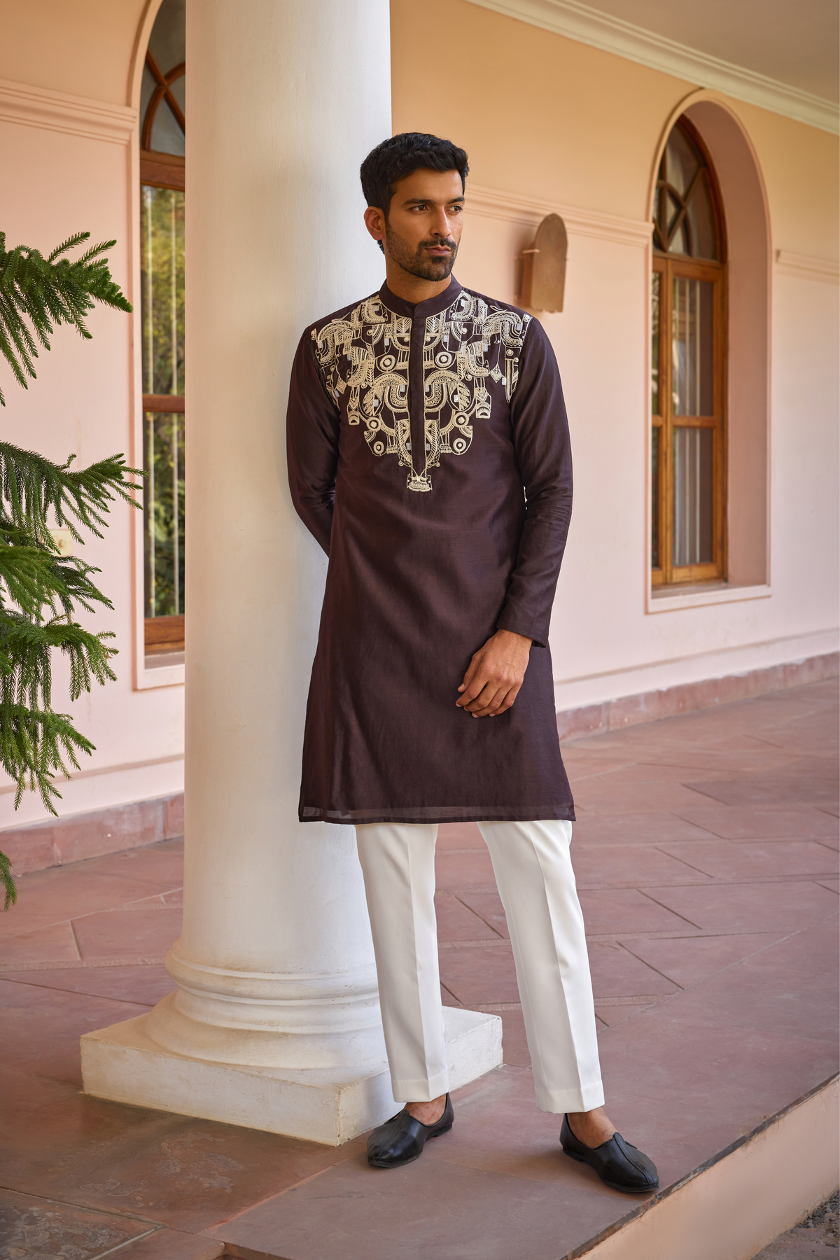 Brown dori and hand embroidered silk kurta set