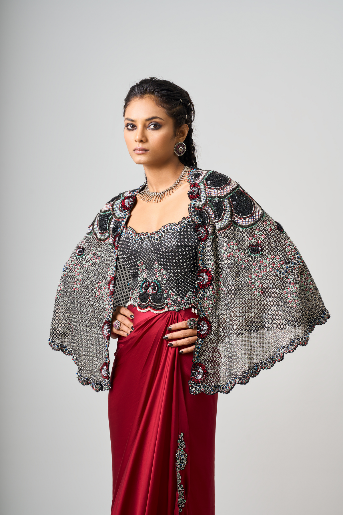 Black Embroidered Short Cape Set