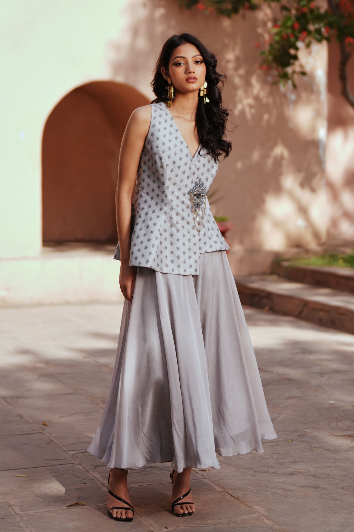 Grey Waist Coat And Skirt Set