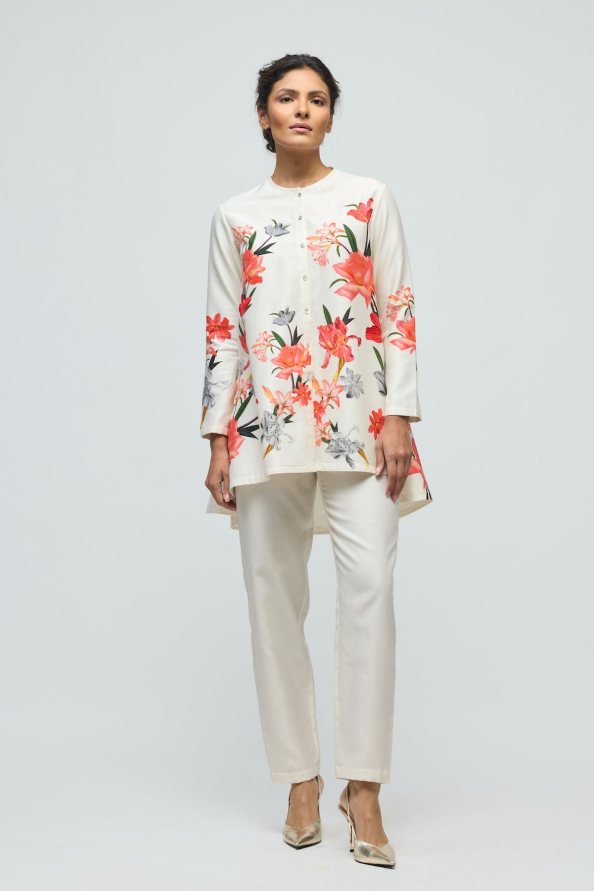 Printed Ivory Chanderi Tunic Set