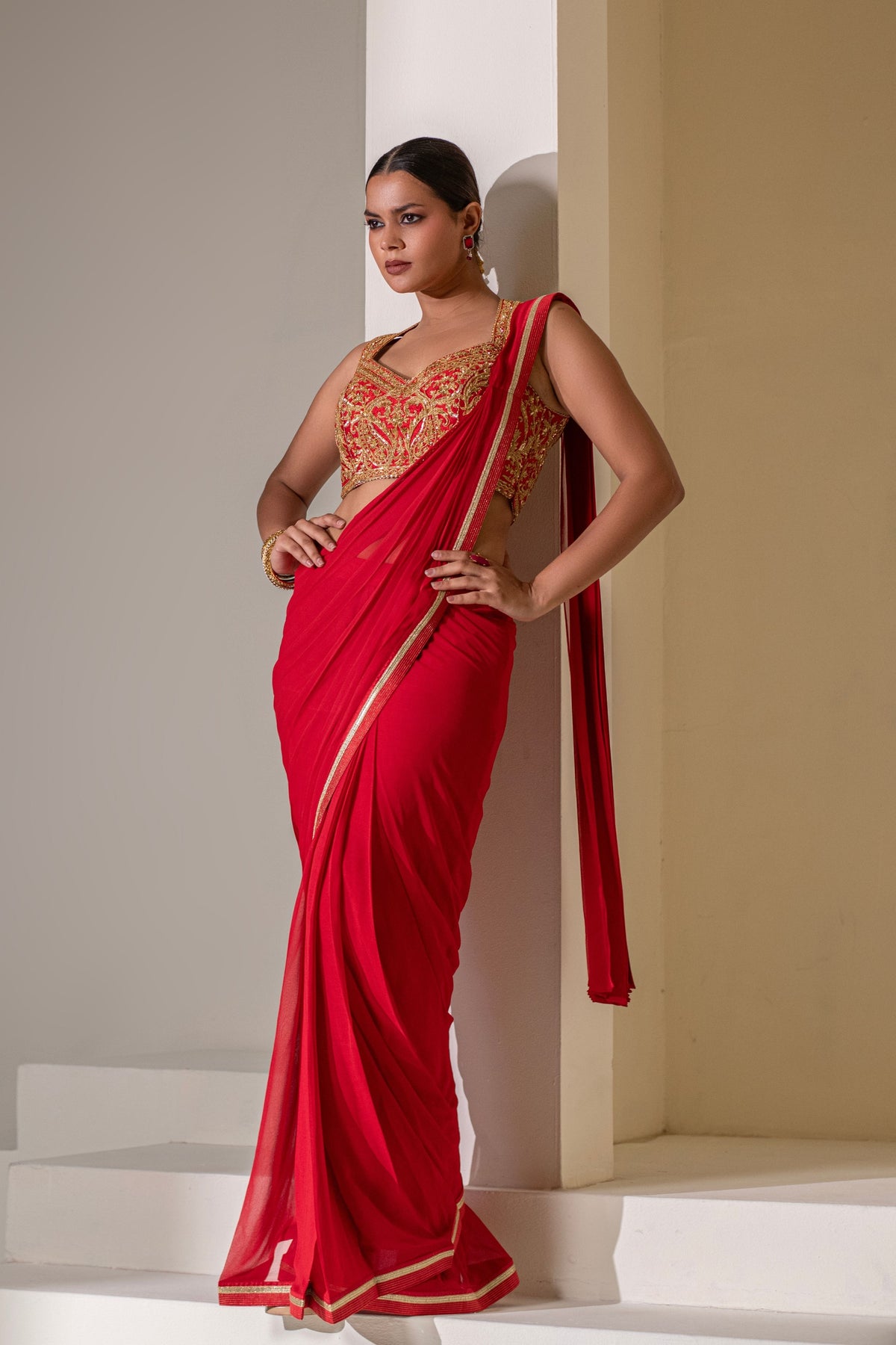 Crimsom Red Pre Draped Saree Set