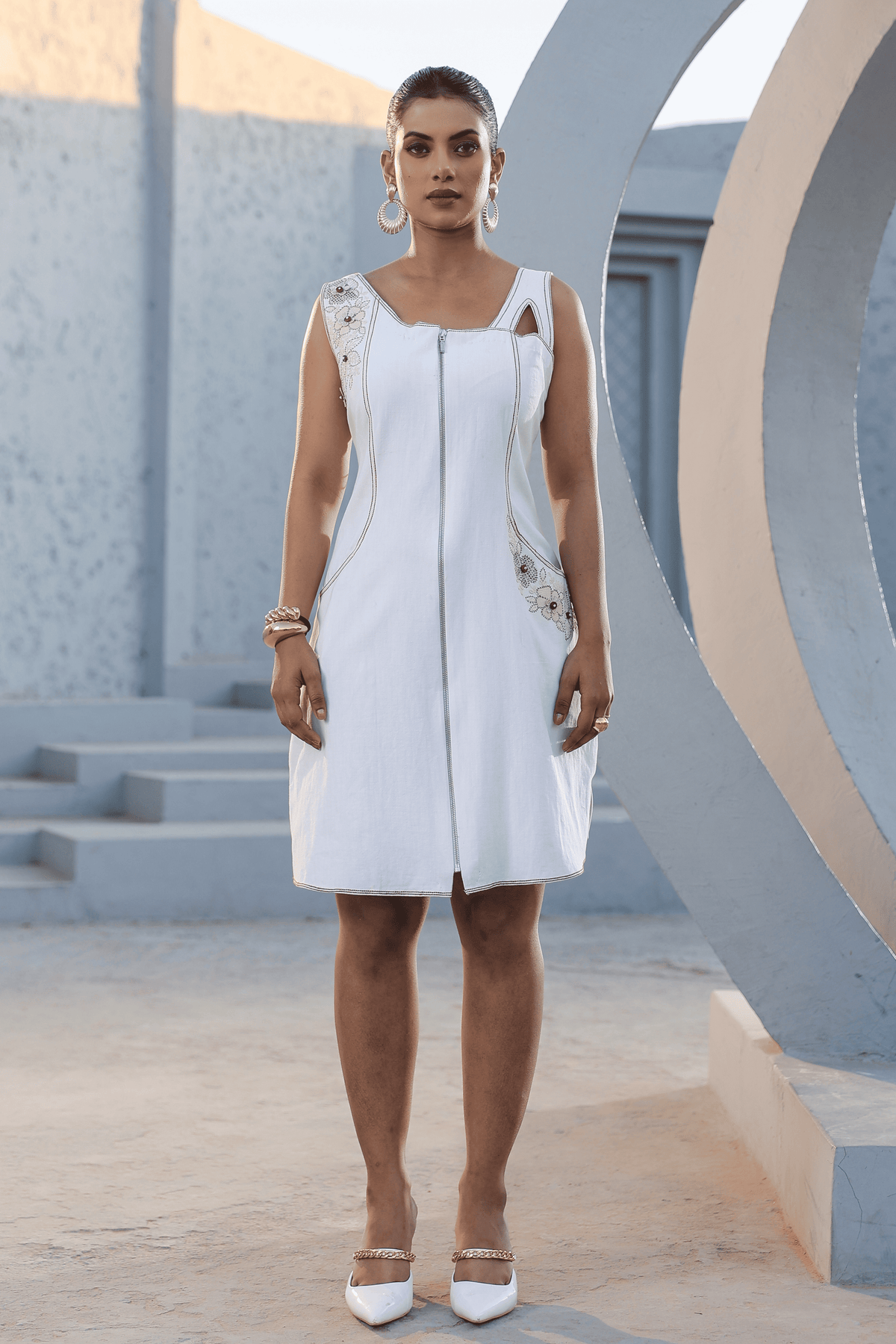 Azure Zip it up Dress in White