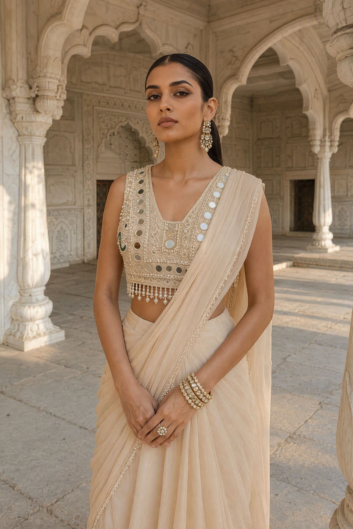 Zari Chaya Draped Saree Set
