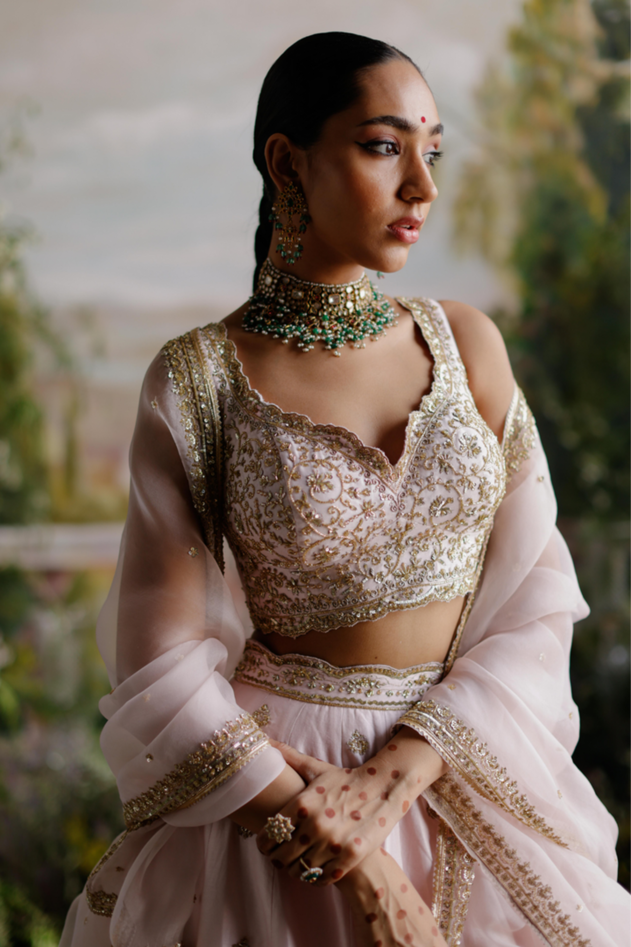 Kundan Necklace Pearl Jewellery On Banarasi Lehenga Pink Organza
