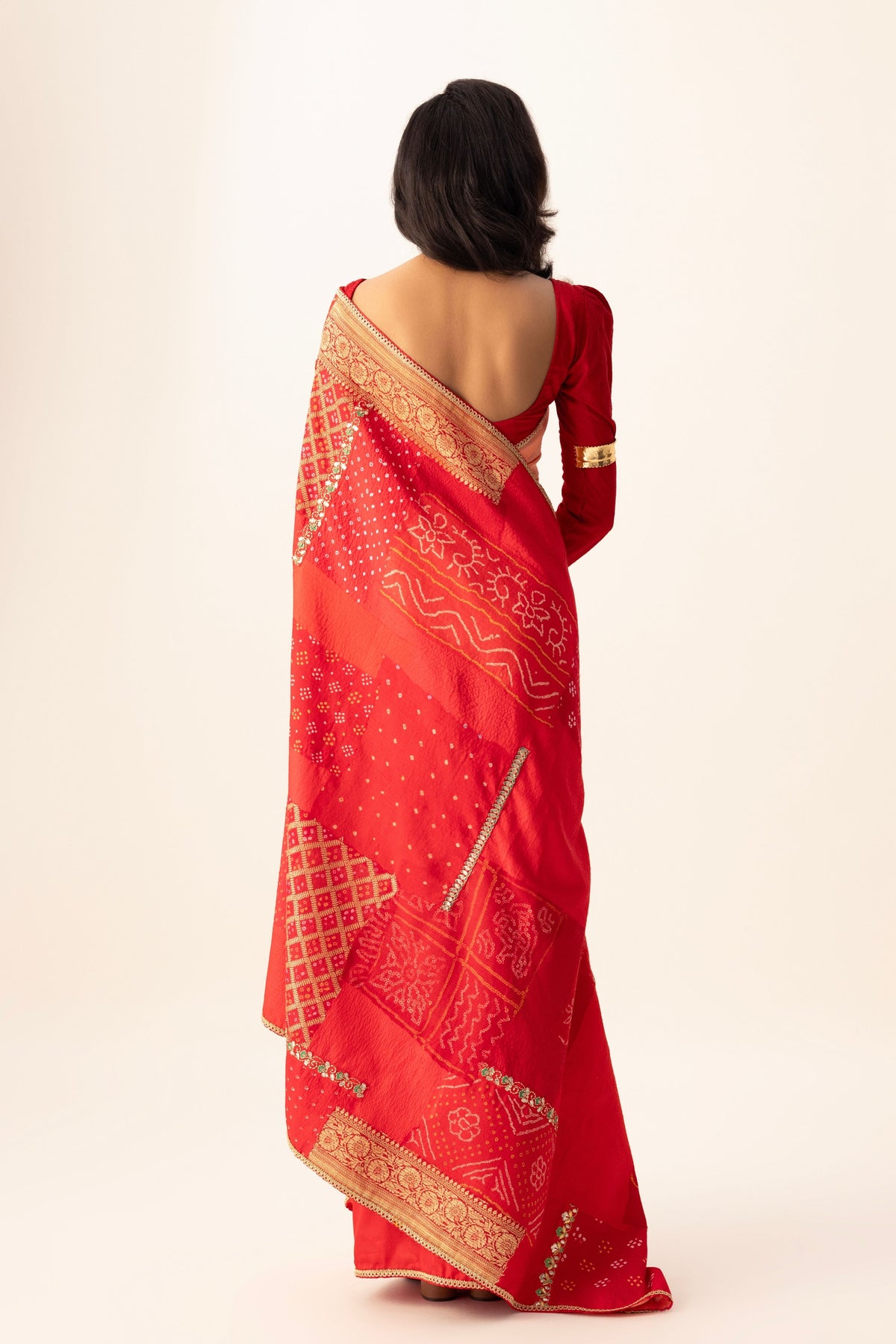 Red Bandhani Patchwork Saree set