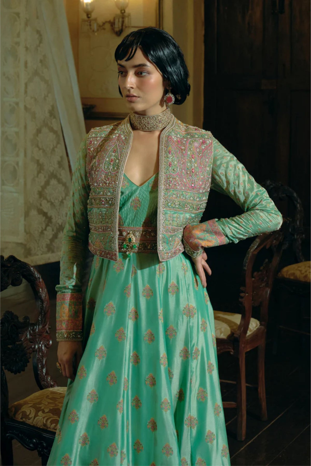 Firozi Green Jacket Set