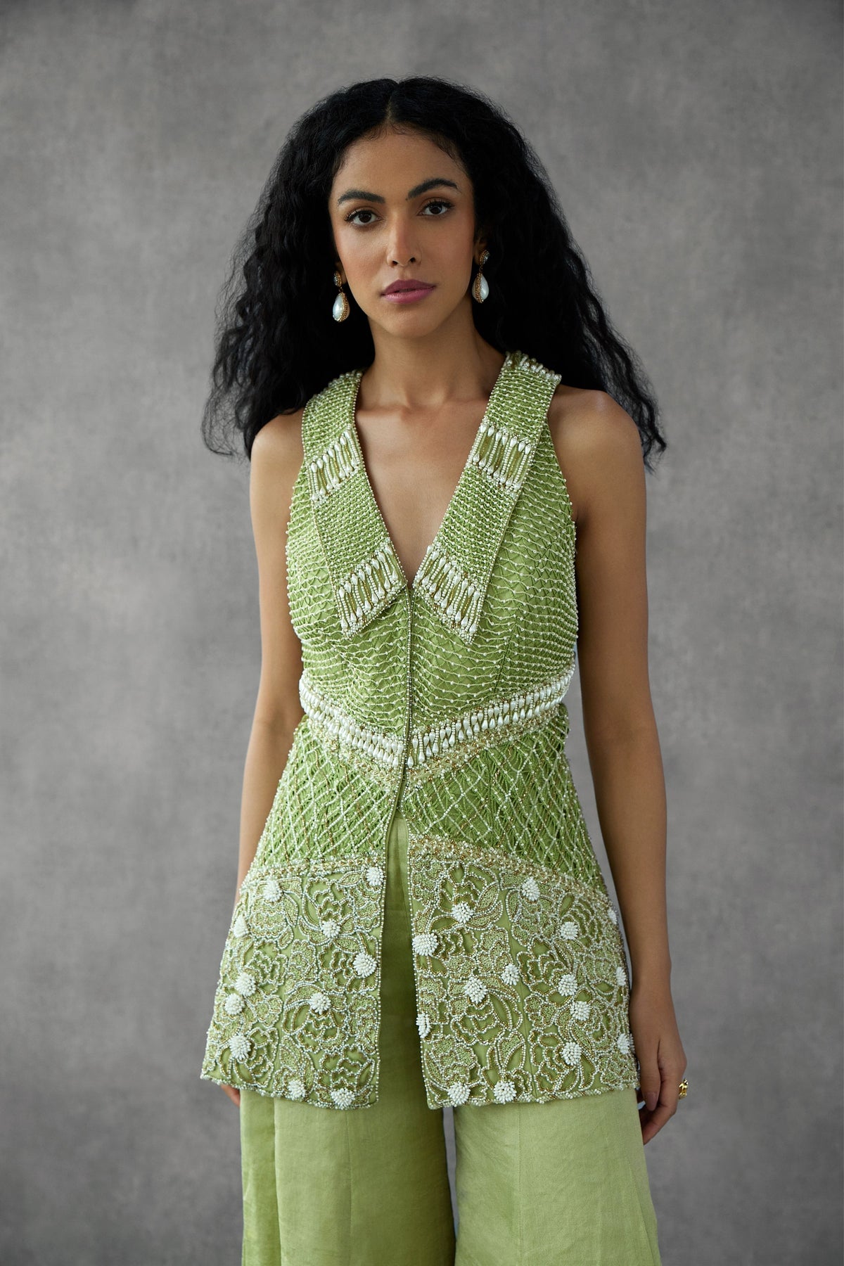 Sage Green Embroidered Jacket Set