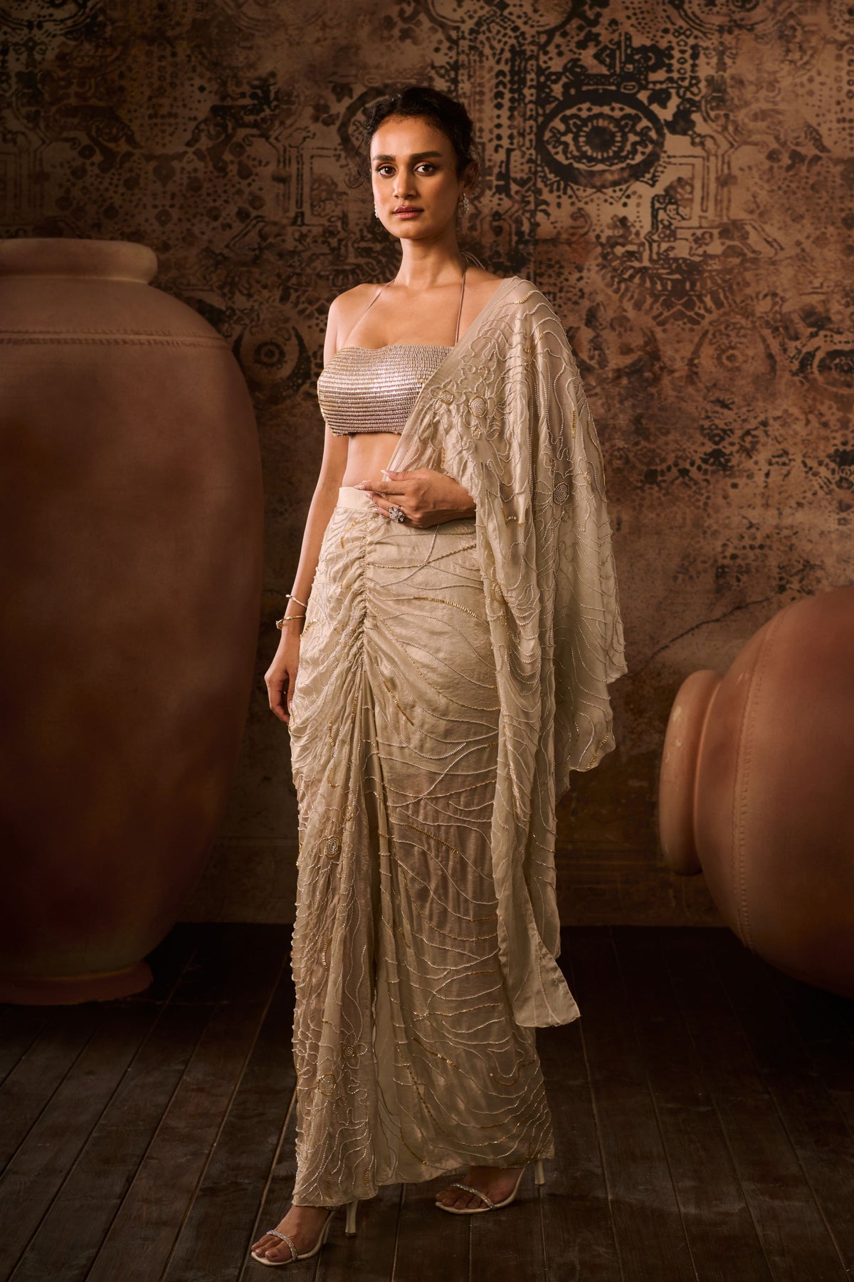 Chikoo Embroidered Top With Drape Skirt