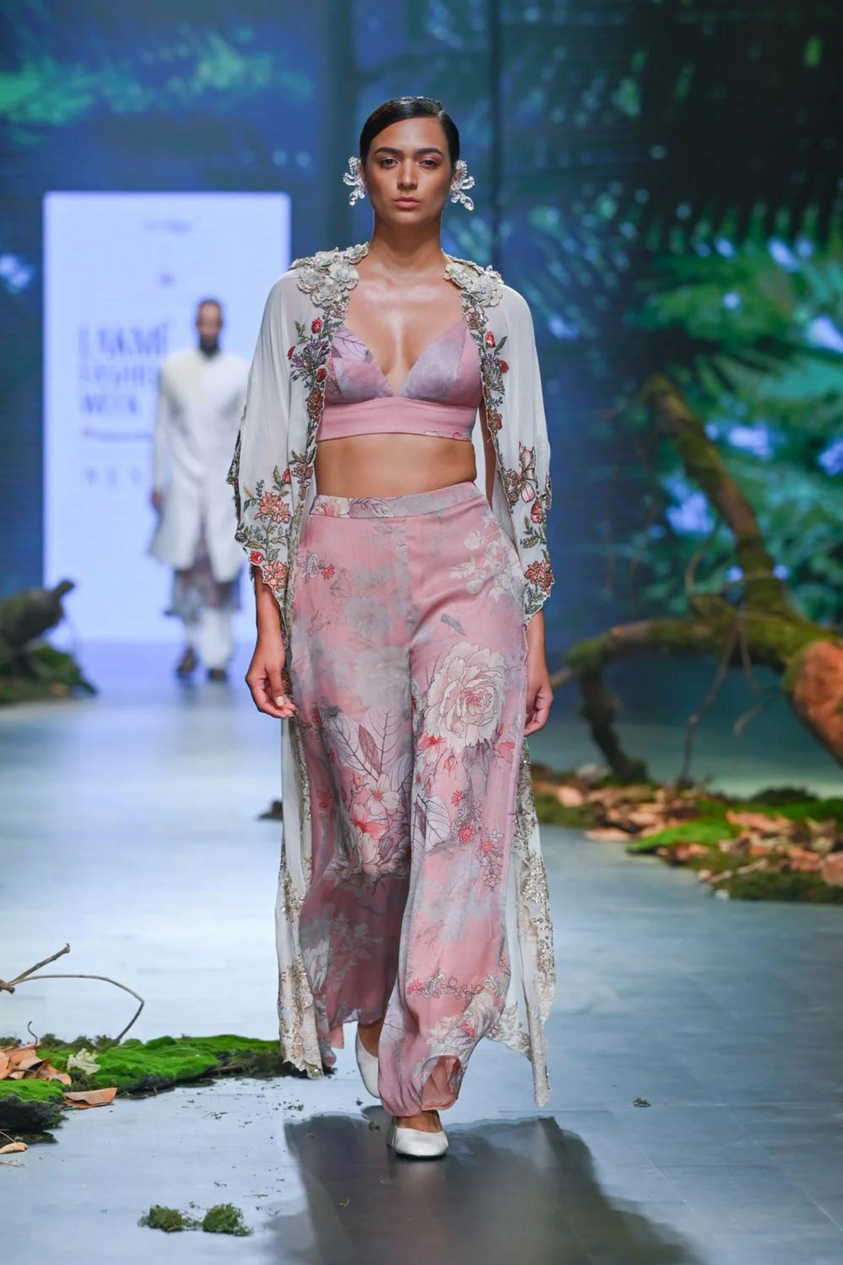 Pink Printed Co-ord Set With Embroidered Cape