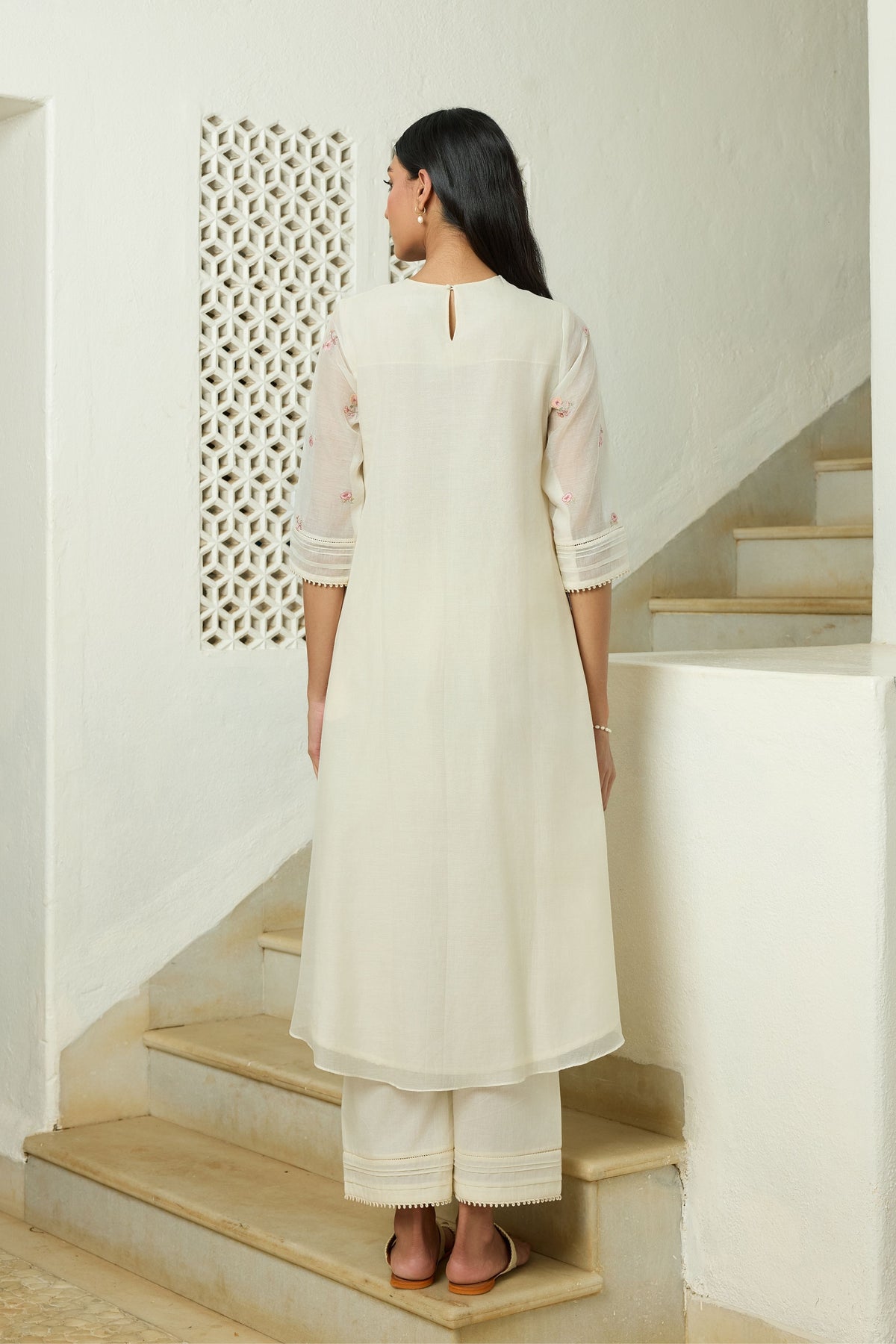 Ivory Floral Embroidered Tunic Set