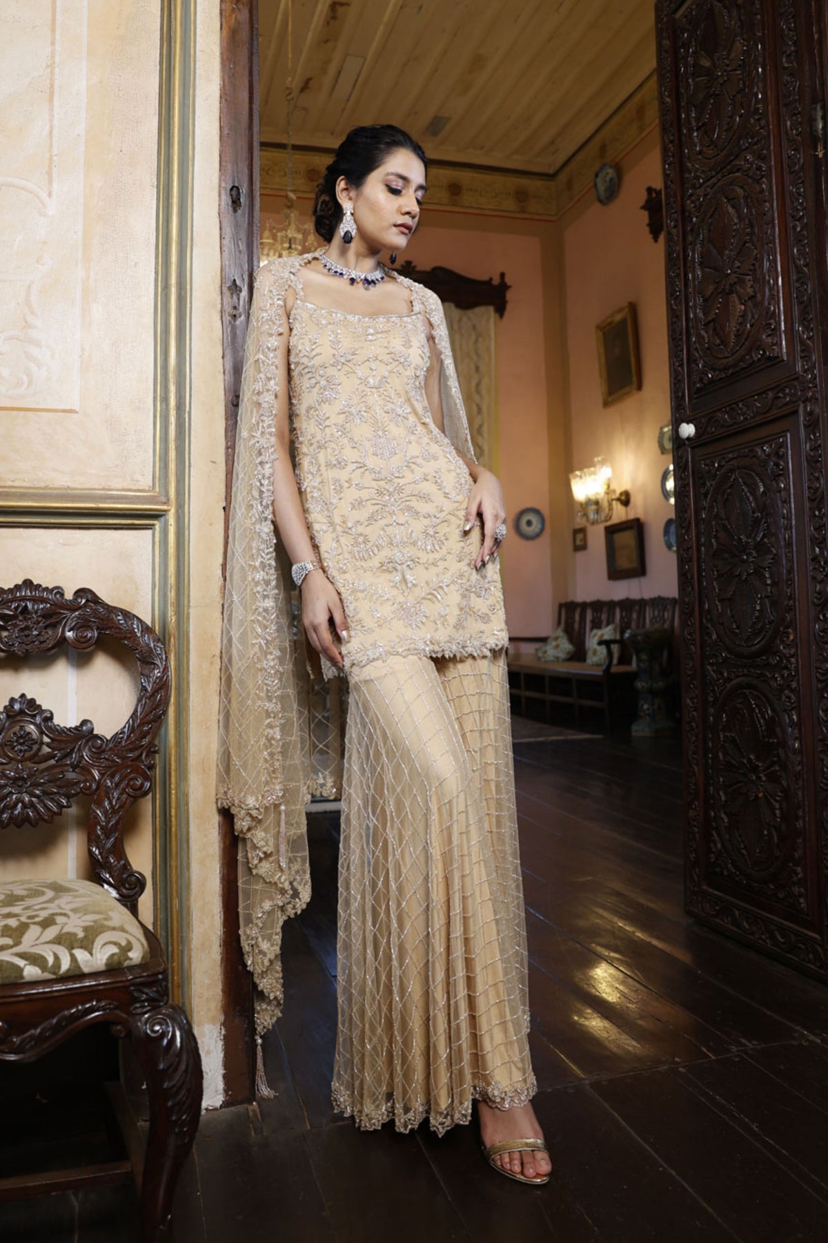 Nude Kurta with Sharara and Dupatta