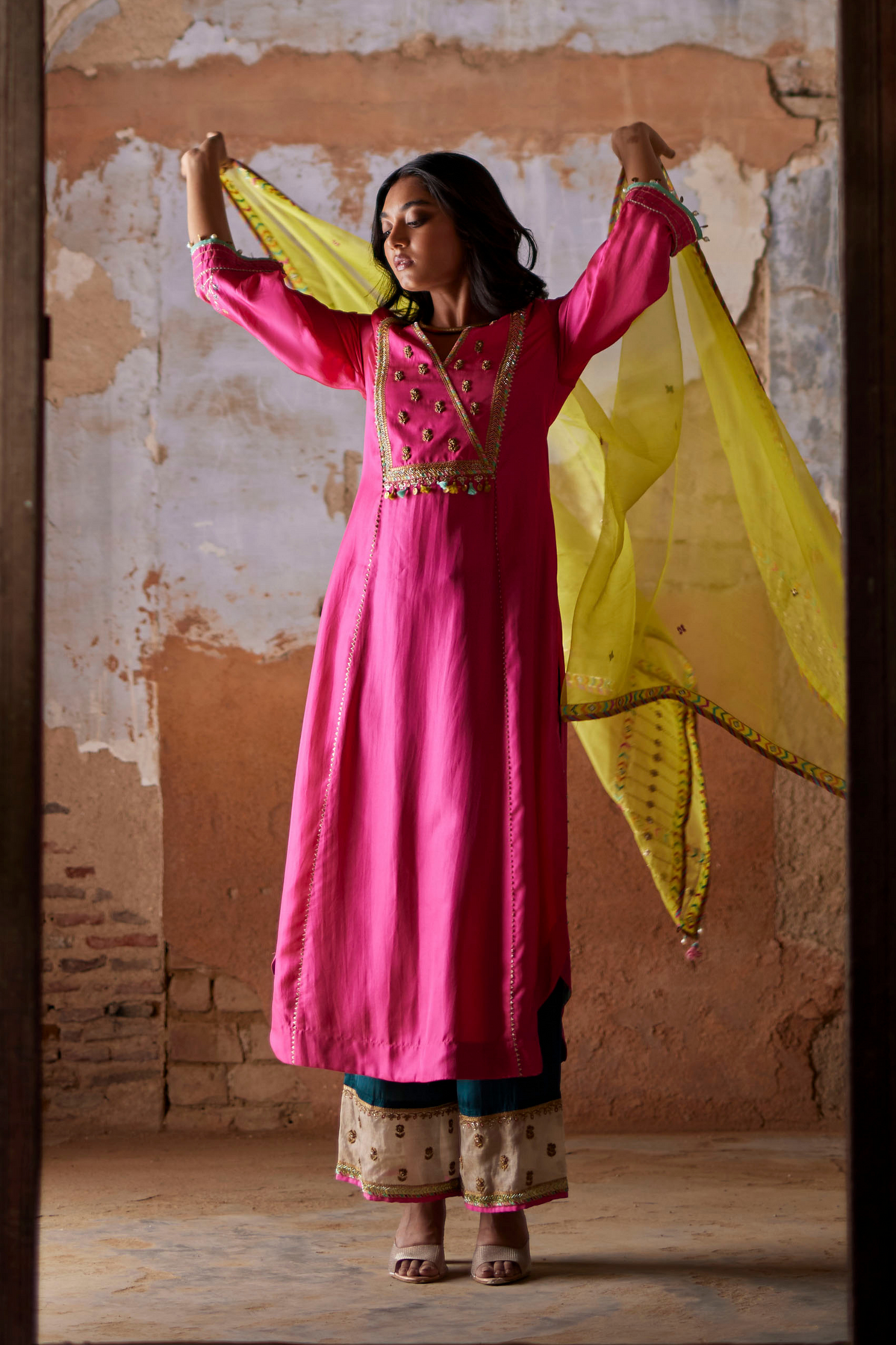 Nadira Hot Pink Silk Yoke Kurta Set