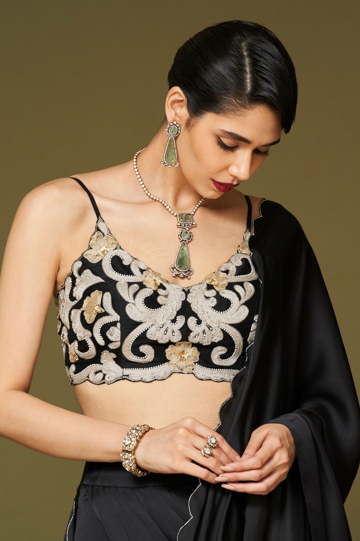 Black Embroidered Pre-draped Saree Set