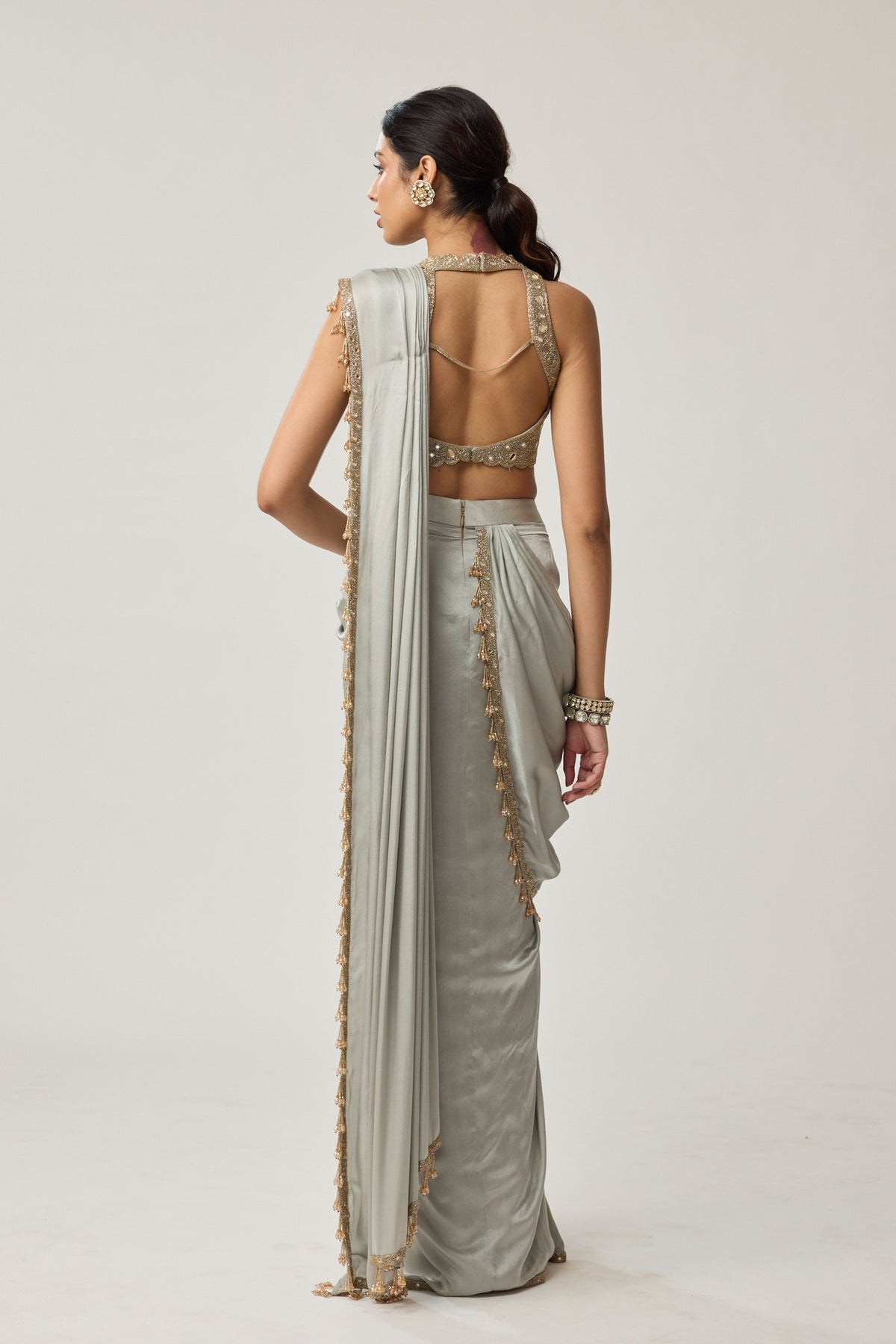Powder Grey Draped Saree Set