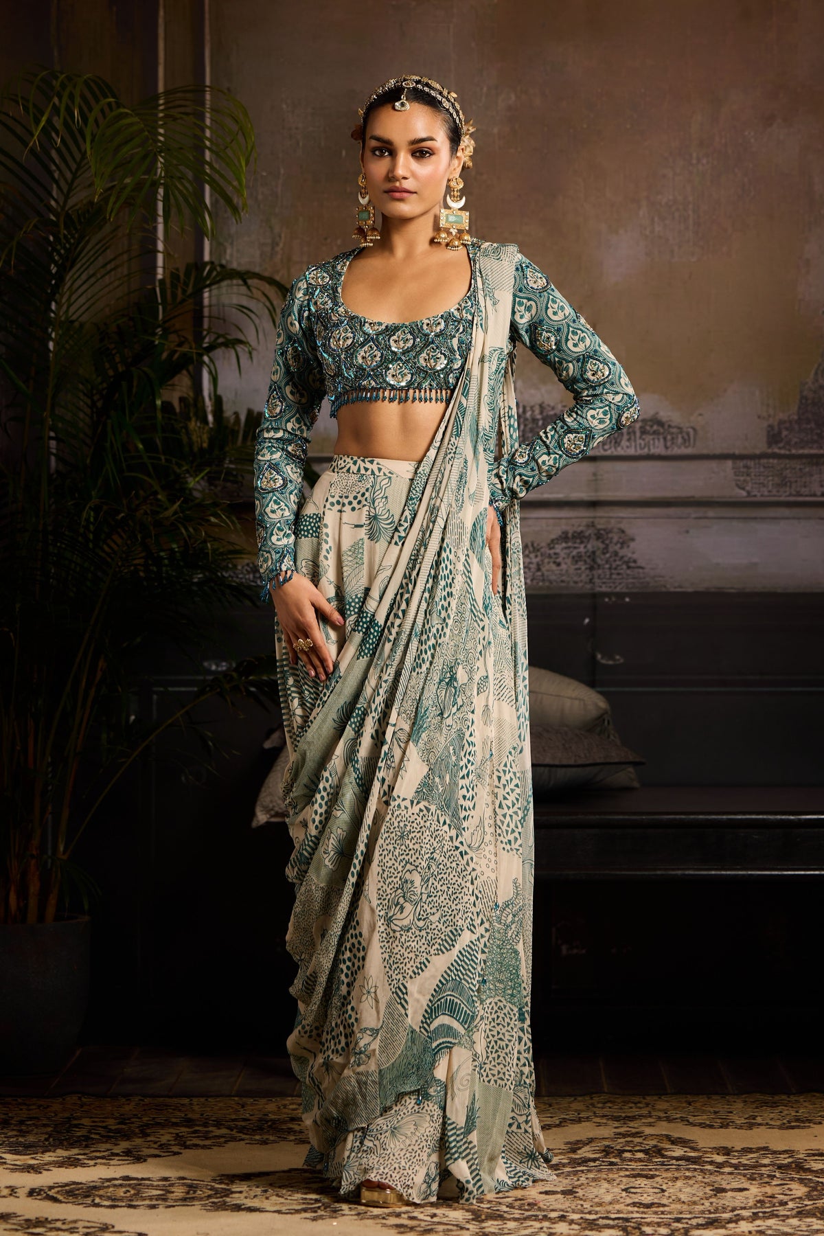 Printed Panelled Drape Saree Set