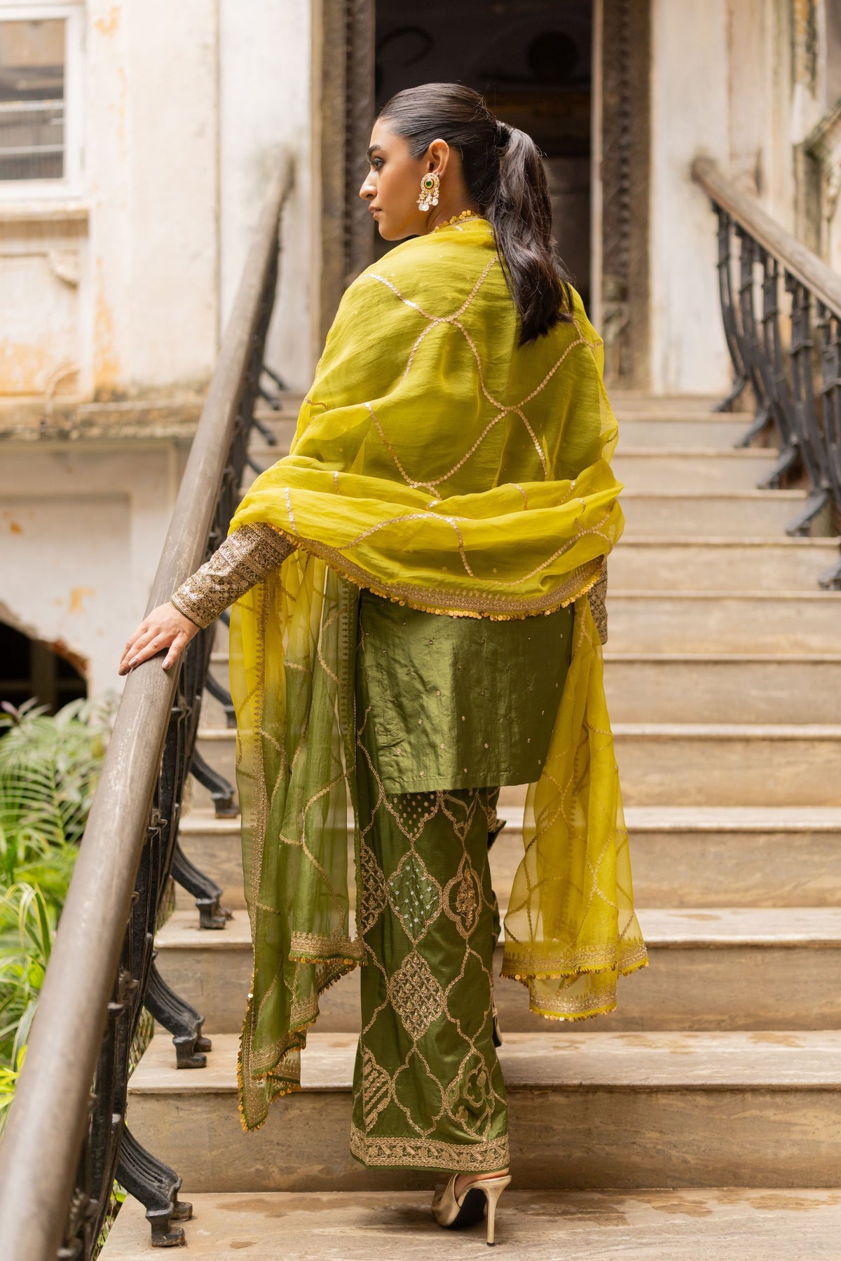 Lime olive Jaal Dupatta