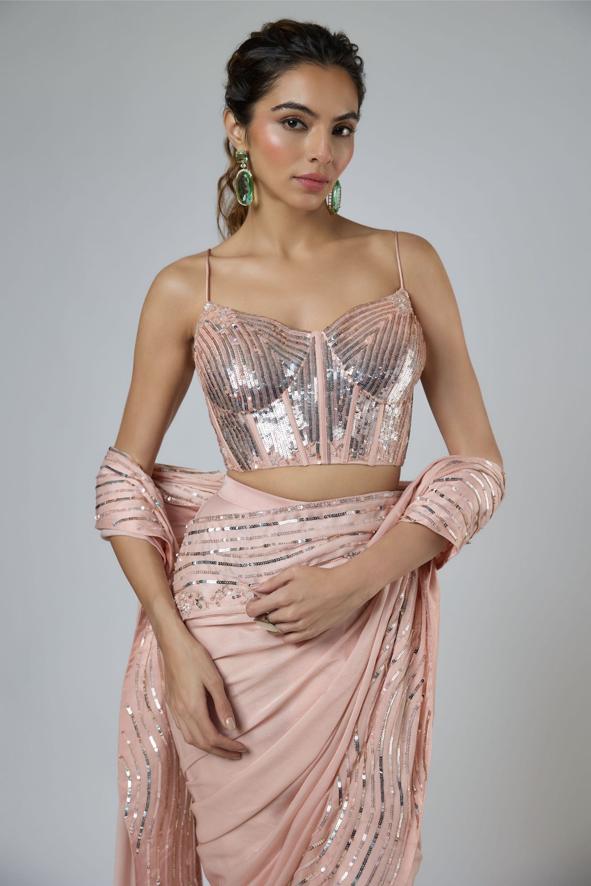 Dark Peach Draped Saree Set