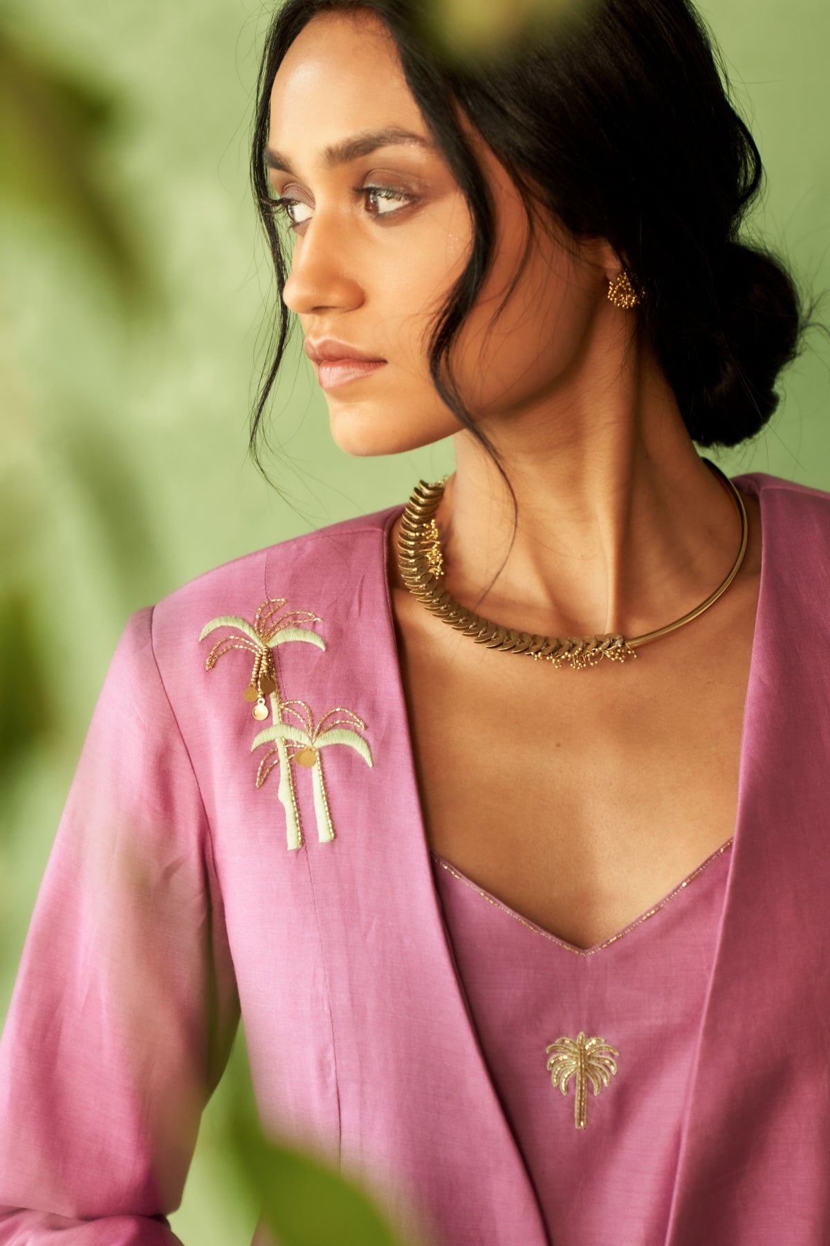 Palm Embroidered Jacket Set