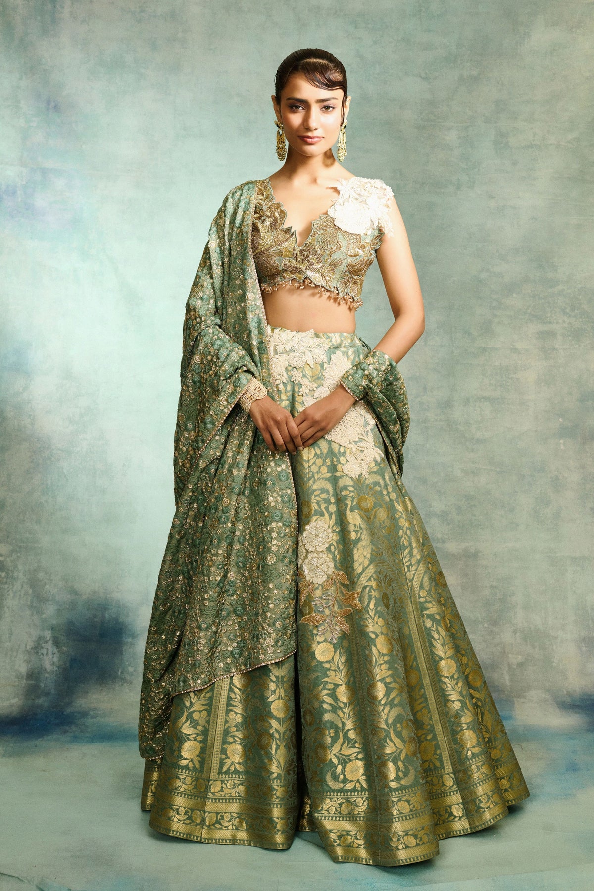 Brocade Pista Green Lehenga Set