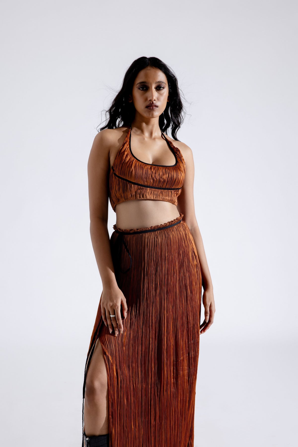 Bronze Ruched Halter Neck Crop Top