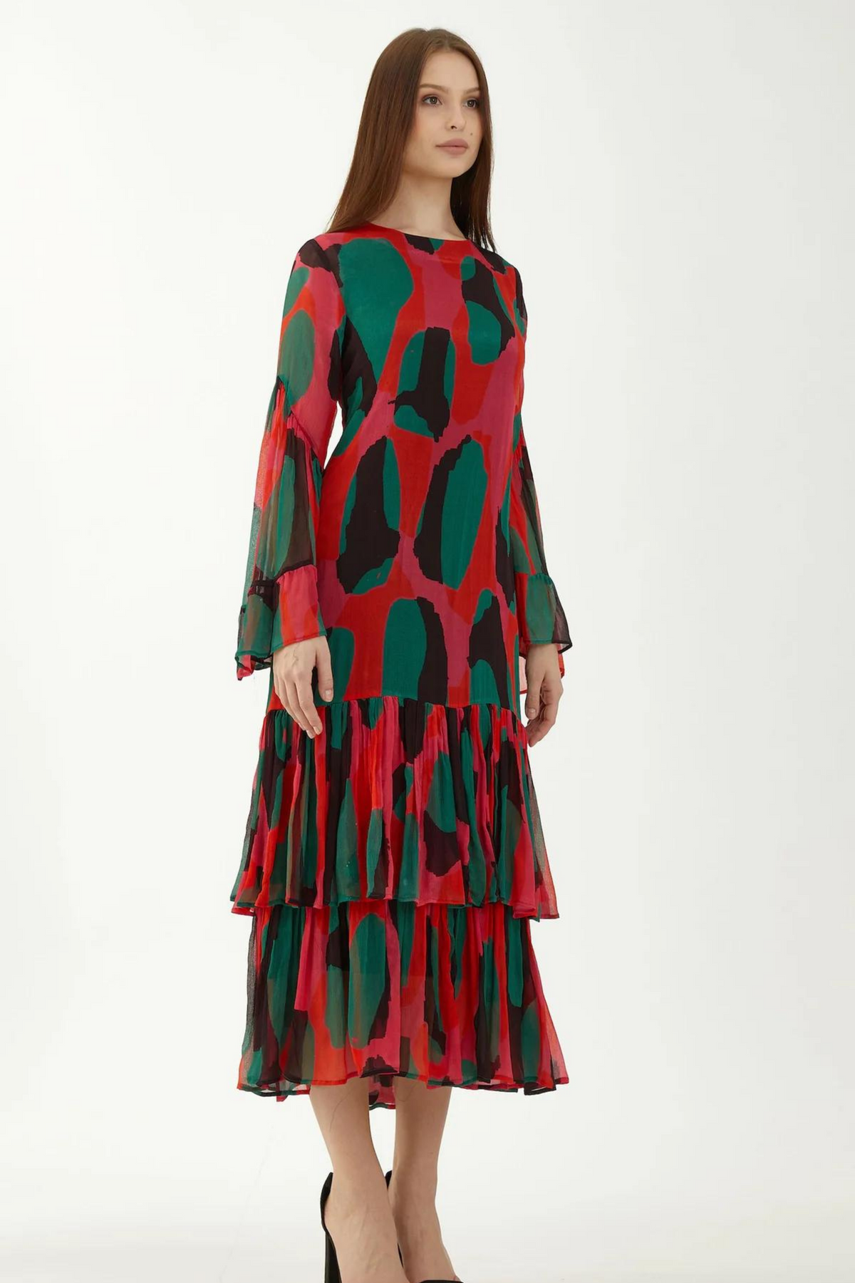 Red, Green And Black Abstract Frill Dress