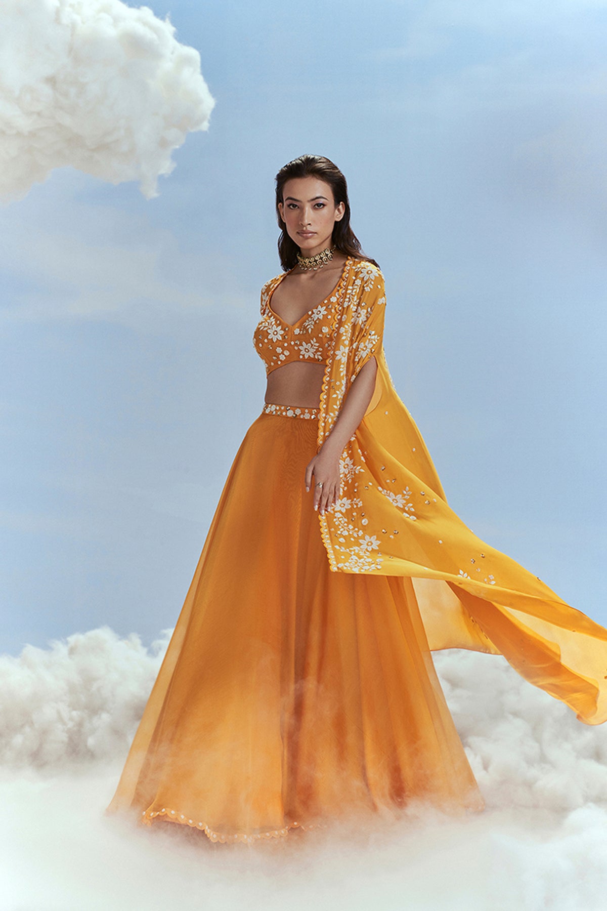 Yellow Babylon Cape Lehenga Set