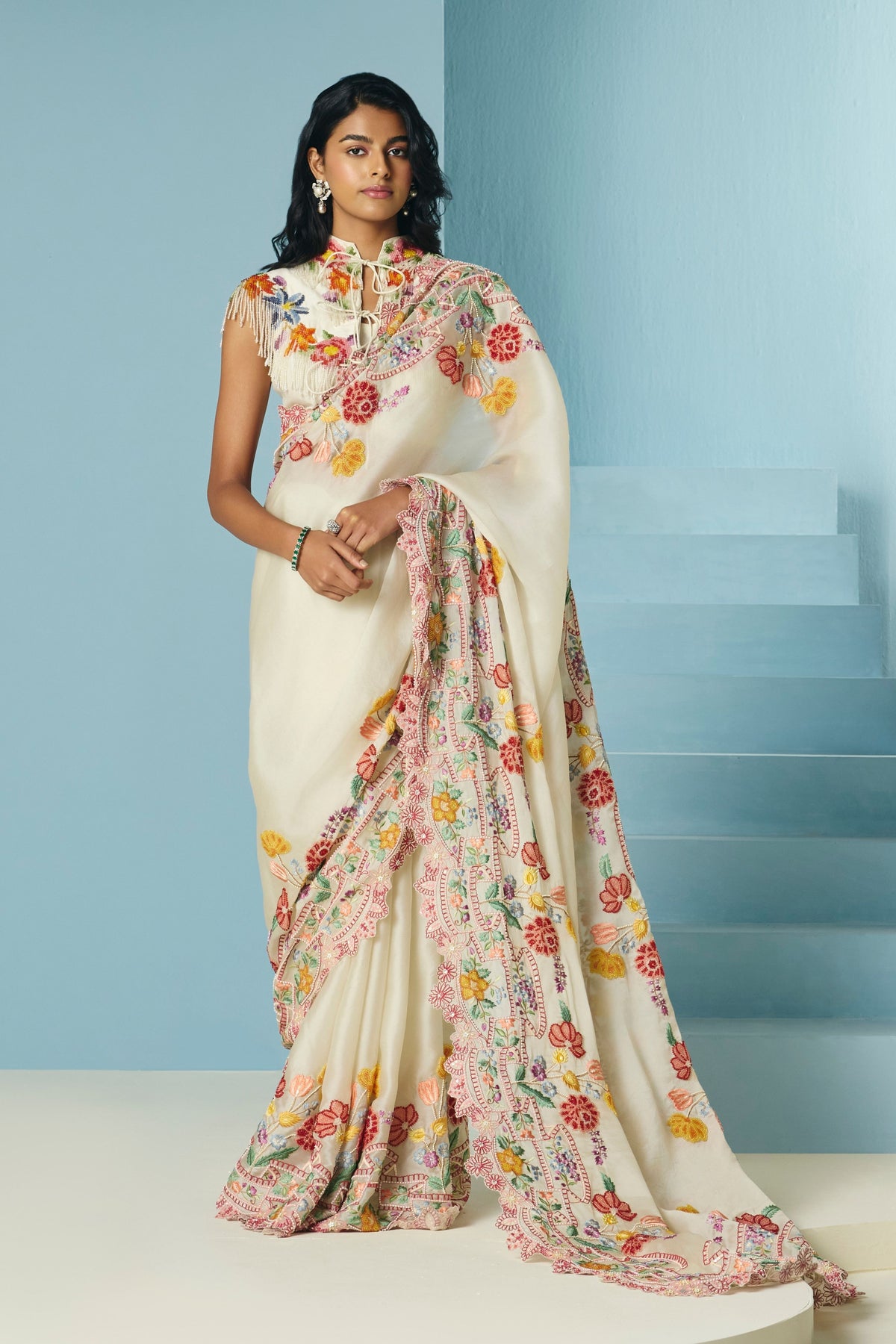 Ivory Floral Beaded Fringe Cape