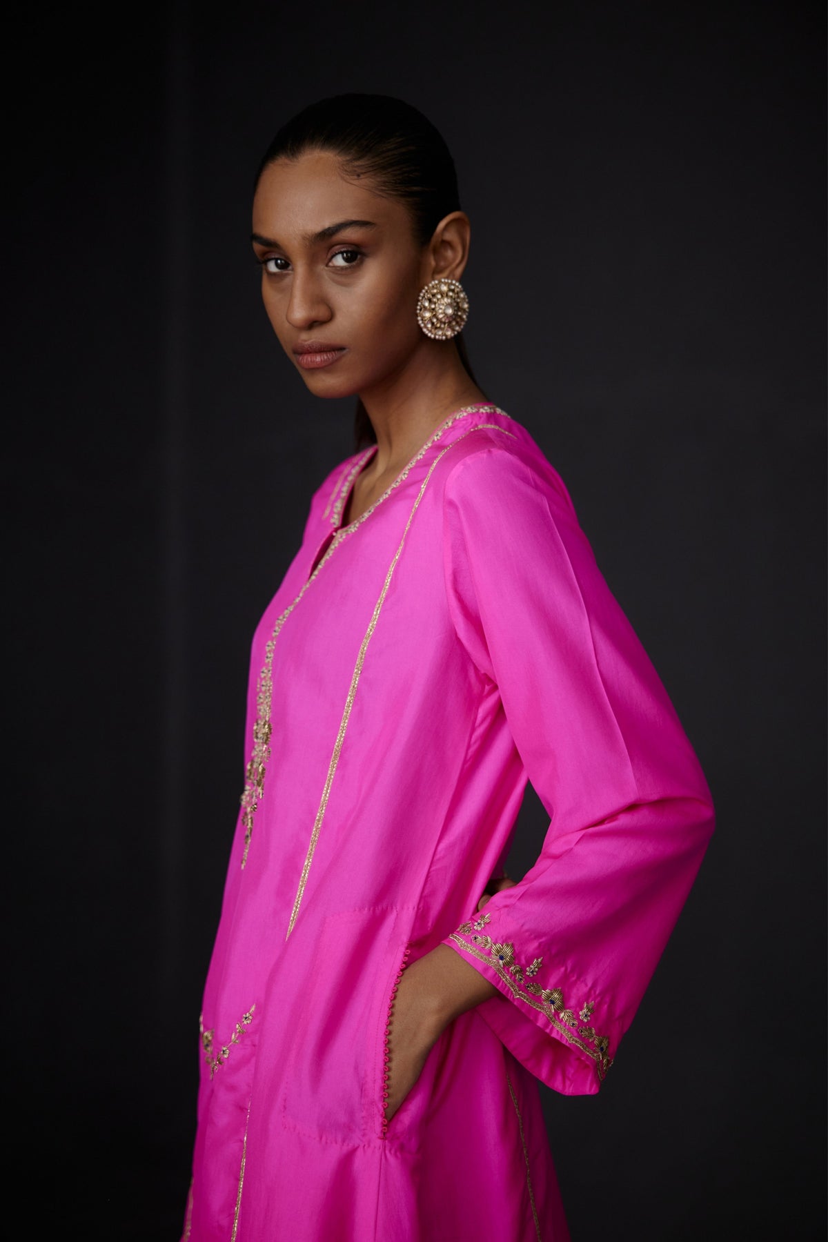 Embroidered Tunic Set in Hot Pink and Ivory