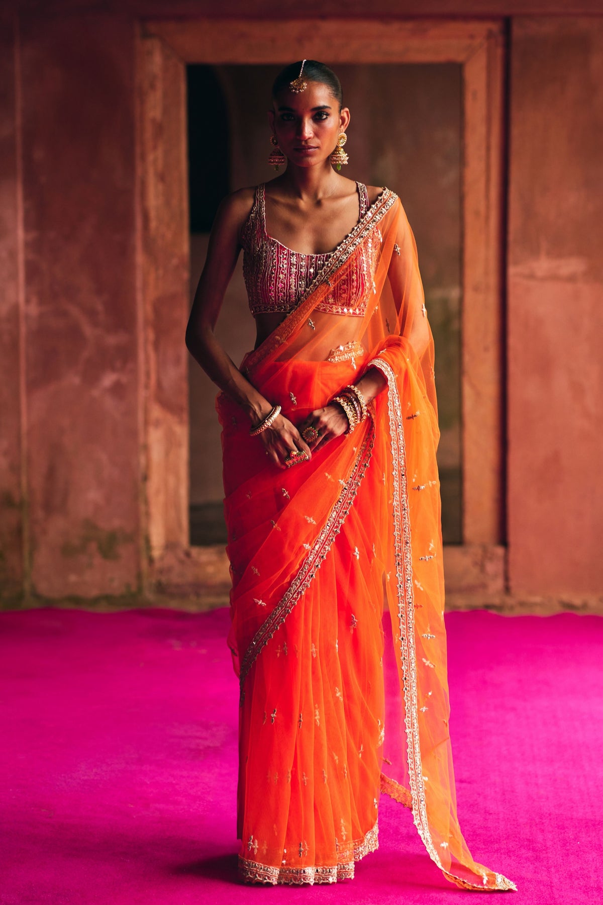 Orange Net Saree Set